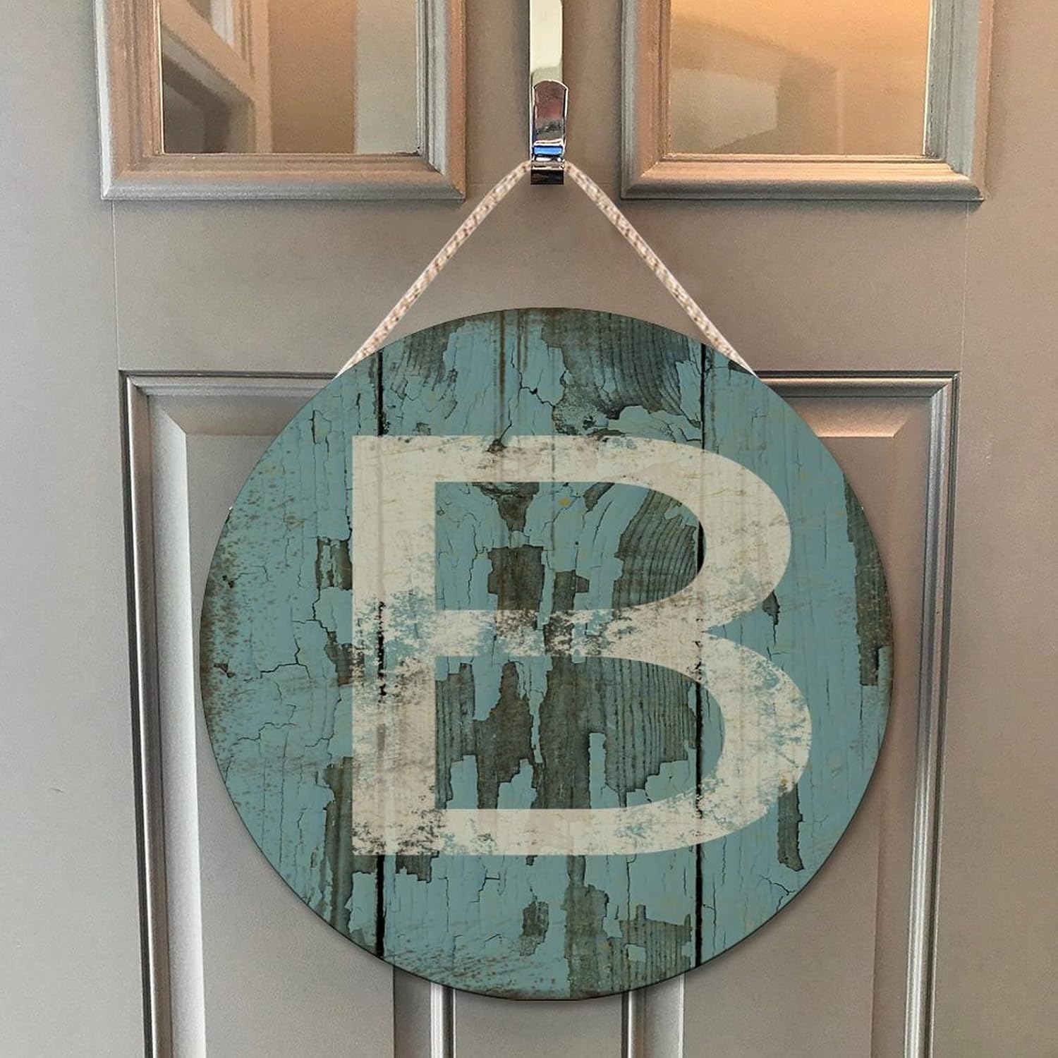 Farmhouse Front Door Hanger Vintage Shabby Chic Wood Sign Custom Initial Round Wreath Door Decor