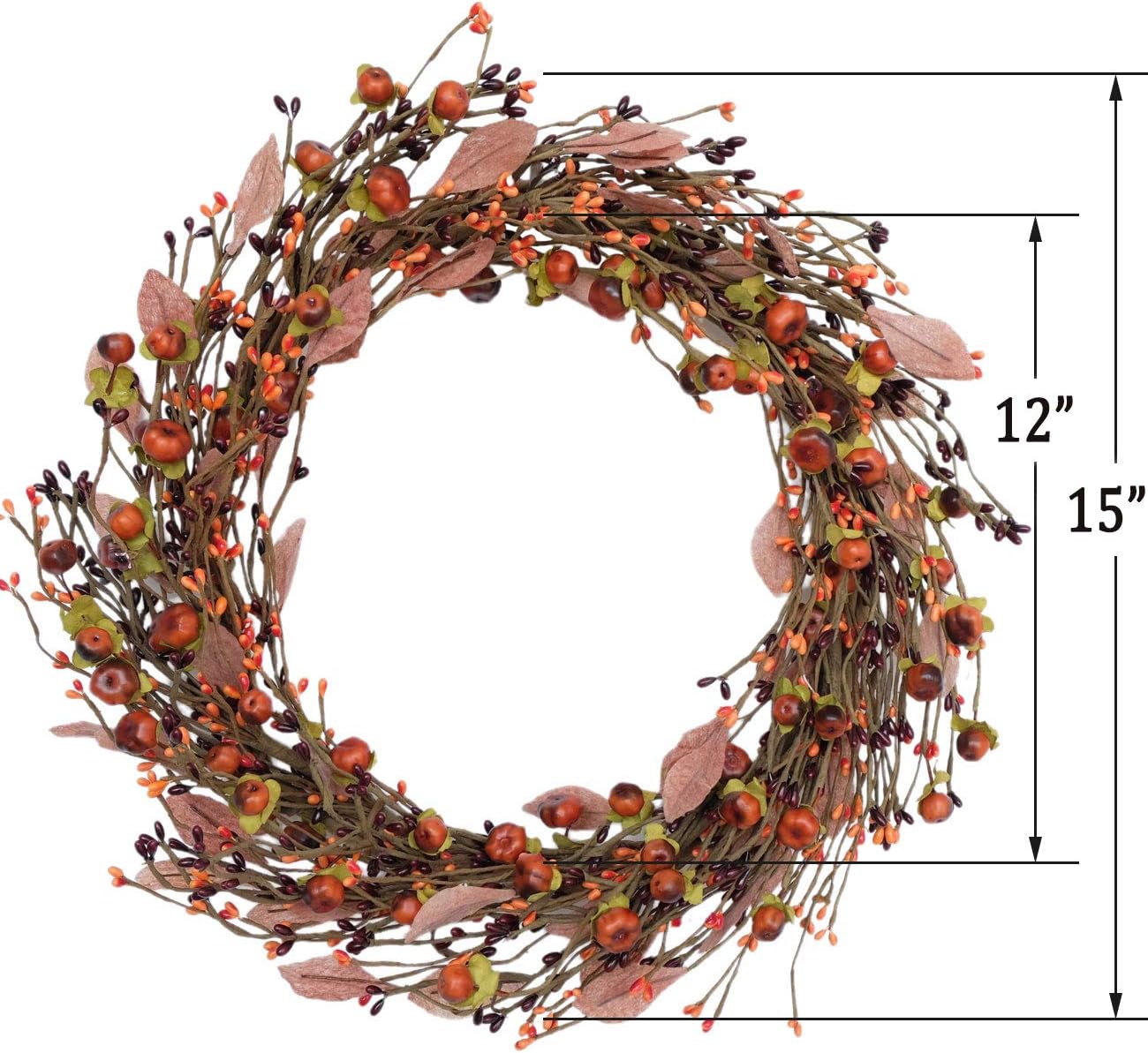 Idyllic Mini Pumpkin Pip Berry Wreath for Front Door 15 Inches
