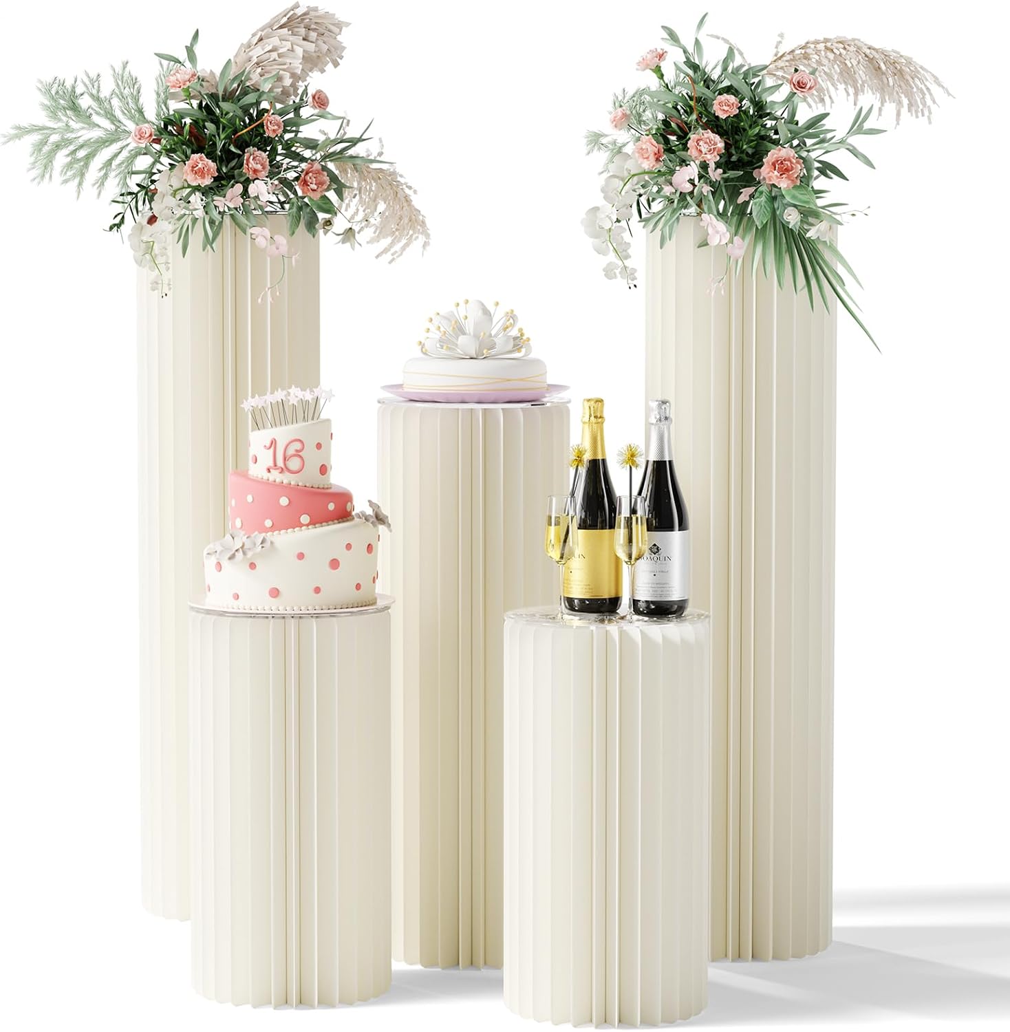 HeiMma 5 Pack White Cylinder Pedestal Stands for Party Displays