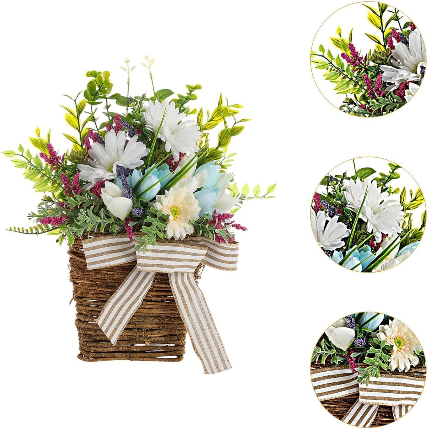 Lindagary Spring Summer Artificial Flower Wreath Door Hanger Basket