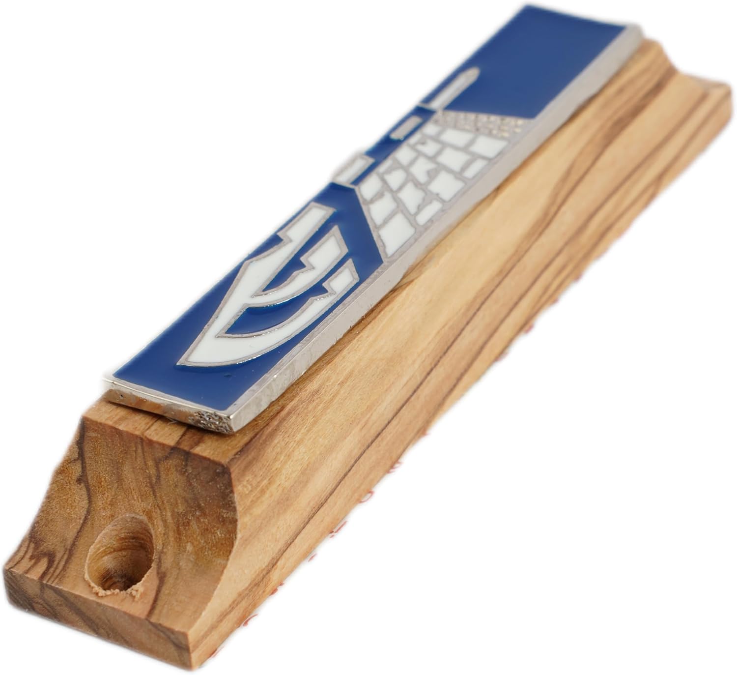 Olive Wood Blue Enamel Door Mezuzah Case with Scroll and Nails