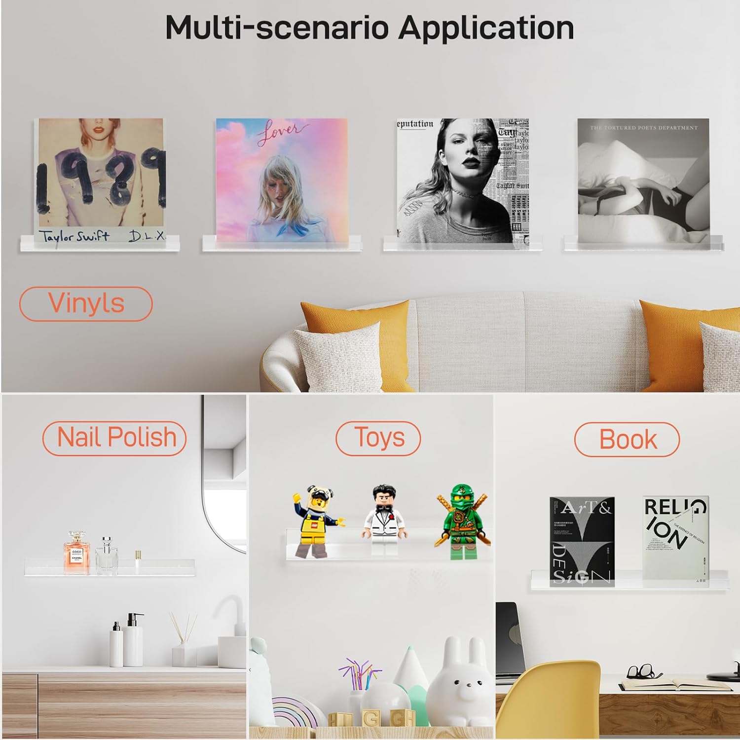 6 Pack Clear Acrylic Floating Shelves for Vinyl Record Display