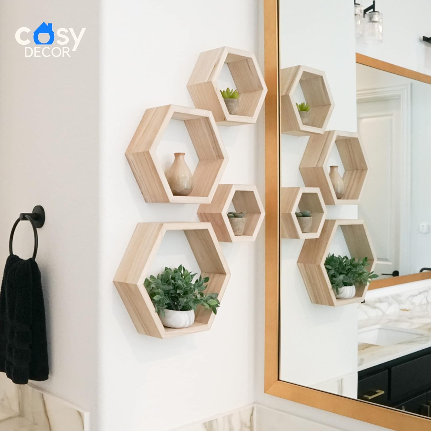 CosyDecor Hexagon Shelves Set of 4 Floating Wall Shelf for Home Decor