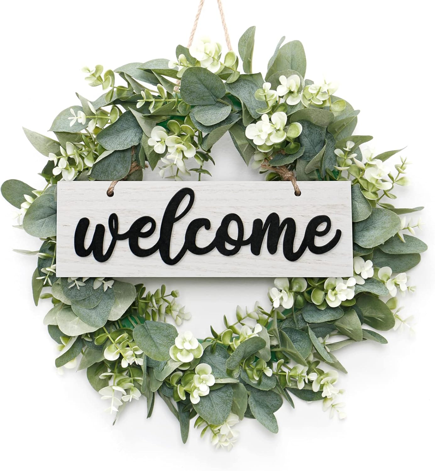 Dremisland 16 Inch Artificial Eucalyptus Wreath with Welcome Sign
