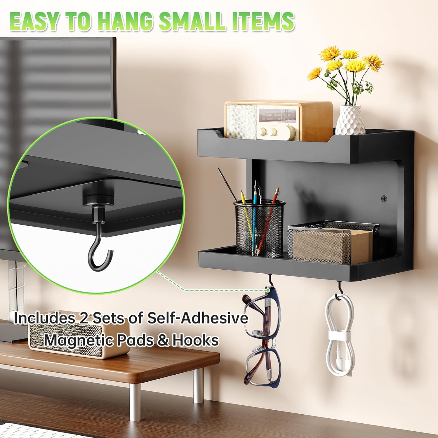 NiHome Large Wall Mounted Wooden Bedside Organizer with Magnetic Hooks - Black