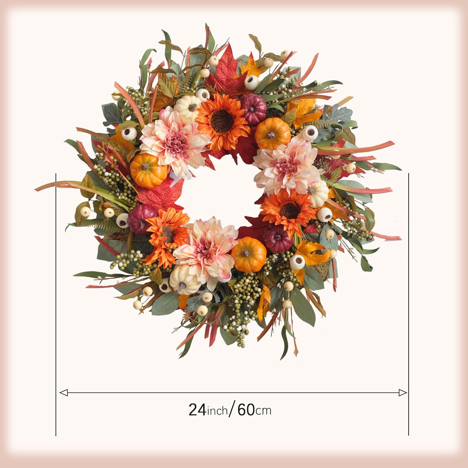 24 Inch Autumn Wreath with Sunflowers and Pumpkins