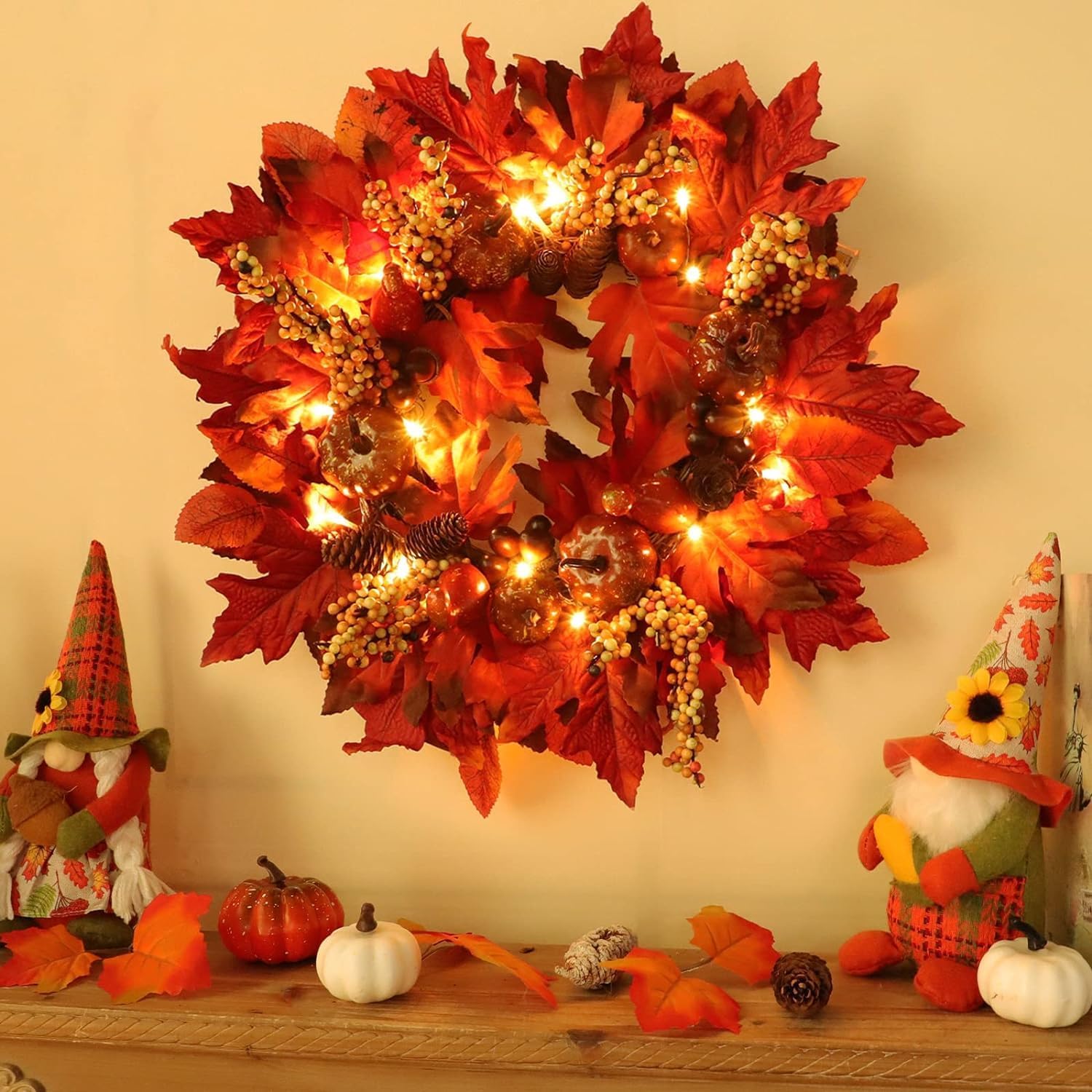18 Inch Thick Fall Wreath with 20 LED Lights