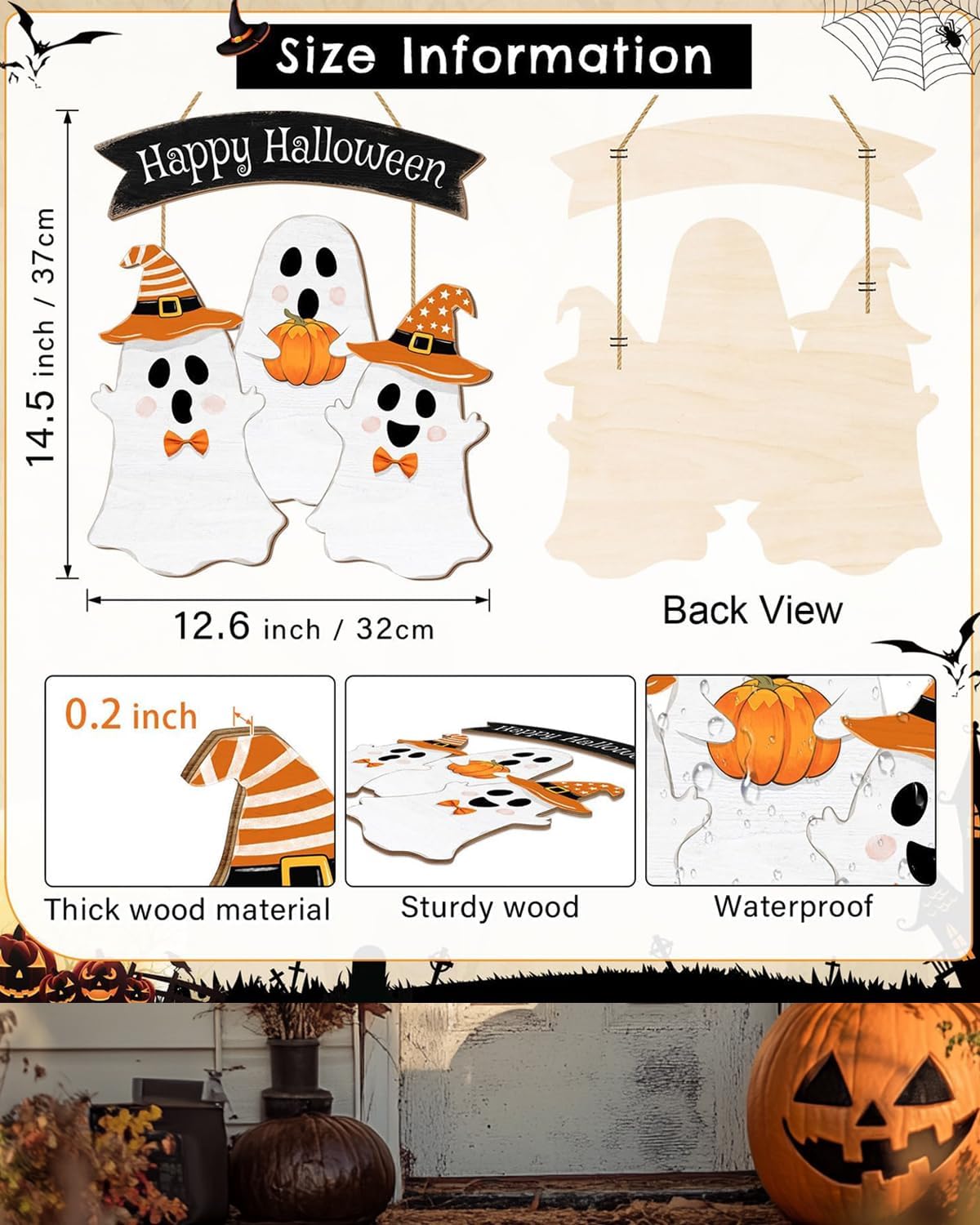 Wooden Halloween Wreath - Ghost Door Decor Hanging Sign for Home Wall Decor Party Supplies