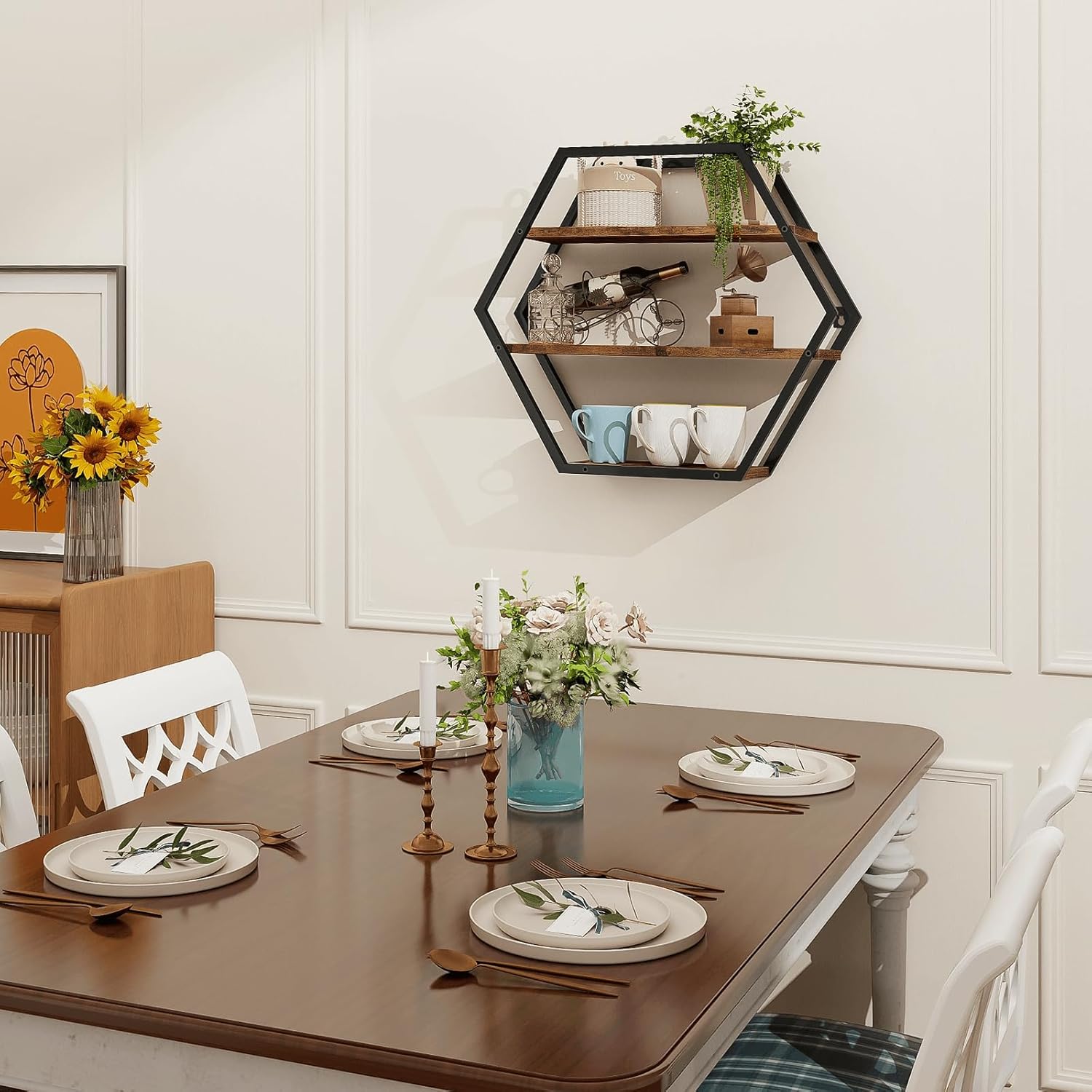 Hexagon Floating Shelves Decorative Wall Shelf Rustic Brown Black