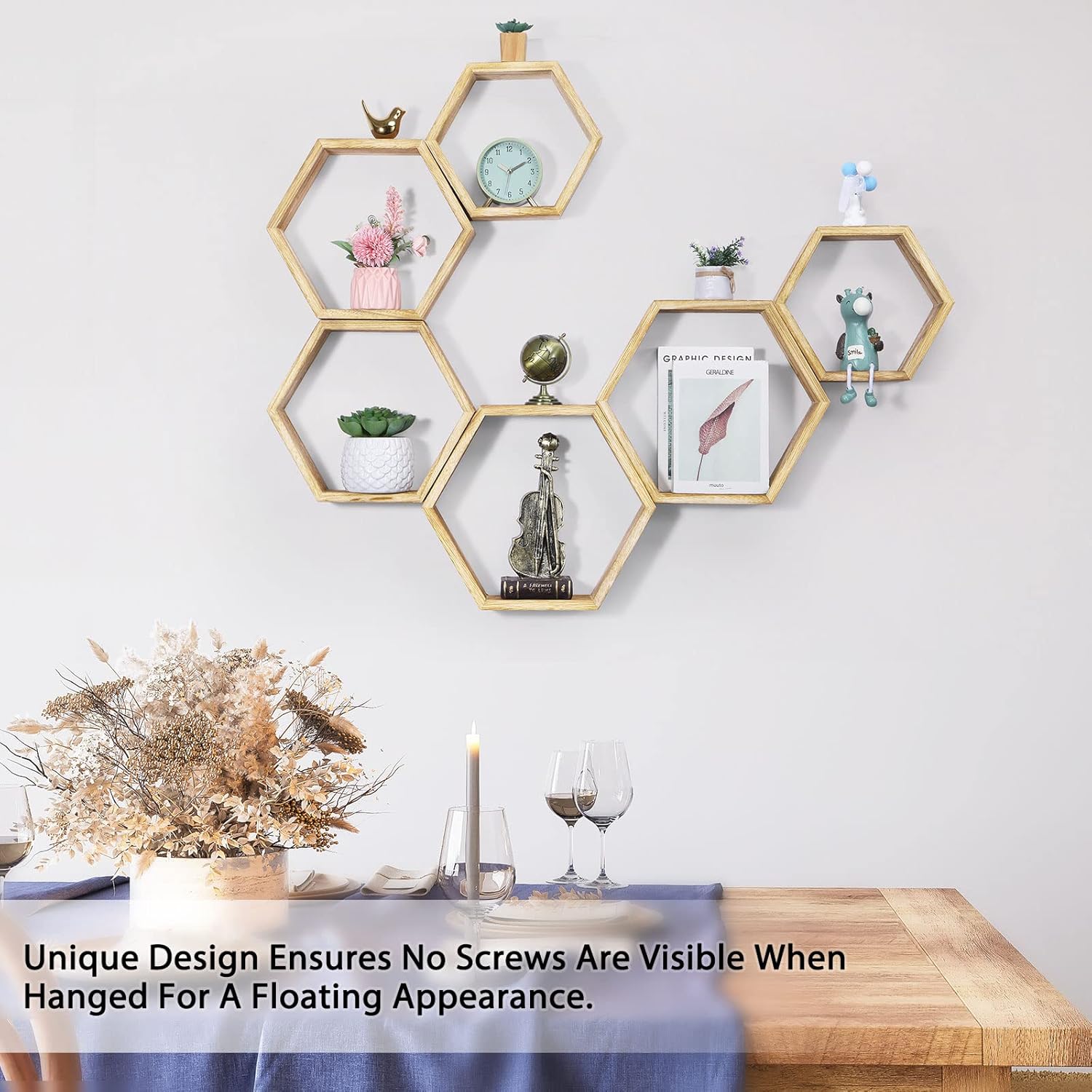 Set of 6 Wooden Hexagon Floating Shelves for Home Decor