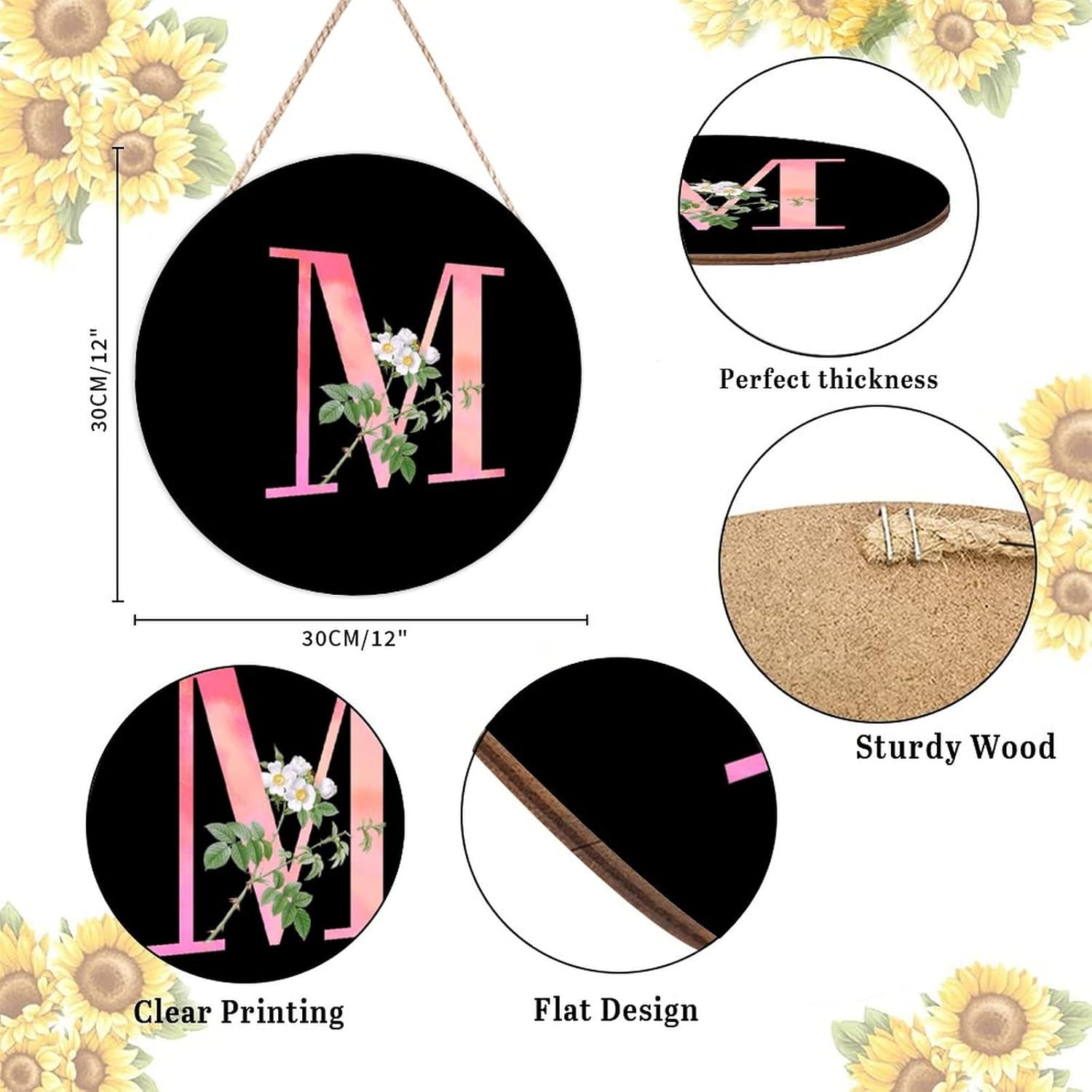 Farmhouse Door Hanger White Flower Pink Letter M Wood Sign