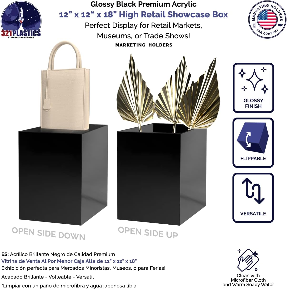 Glossy Black Acrylic Display Box with One Open Side