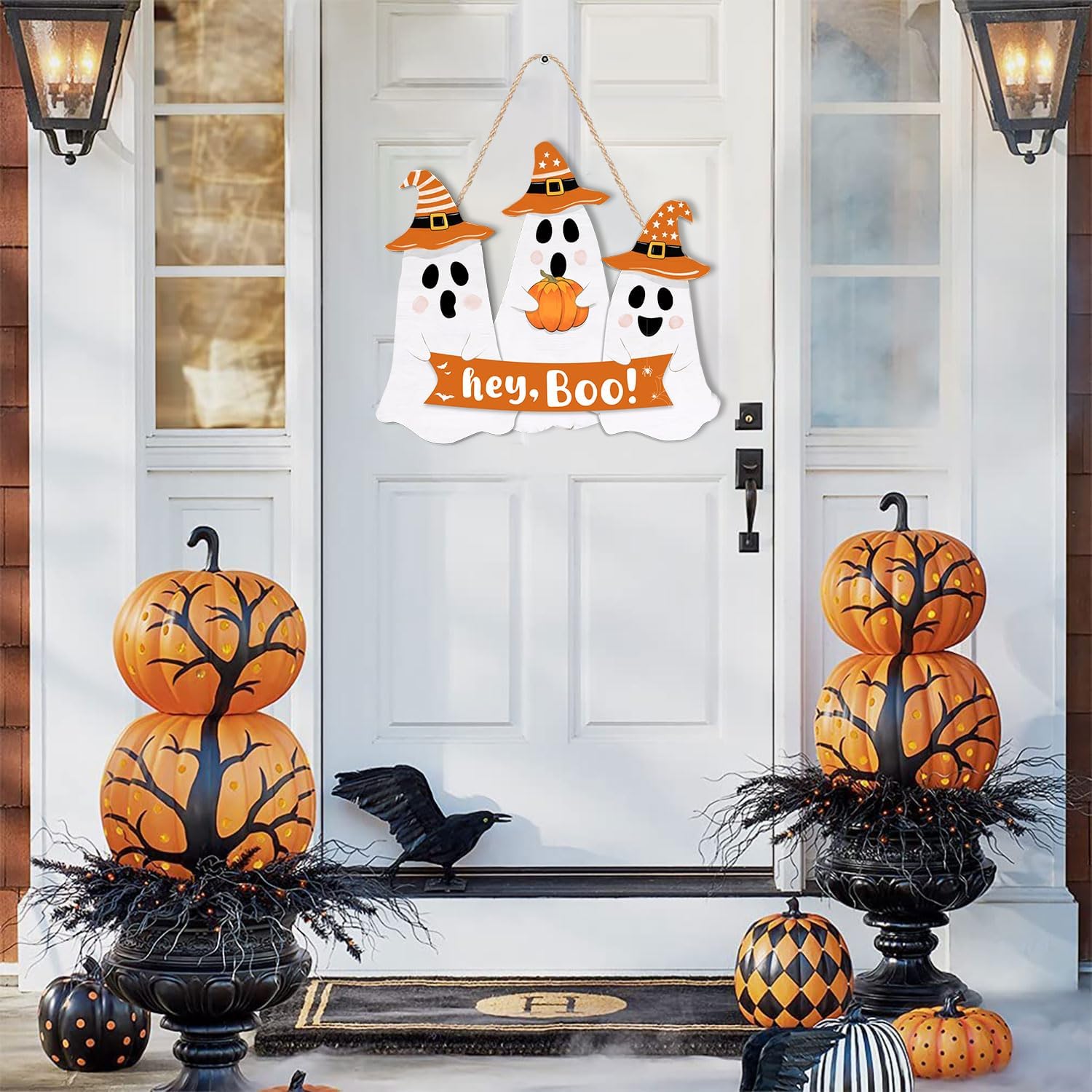 Halloween Ghost Door Sign Wooden Welcome Wreath