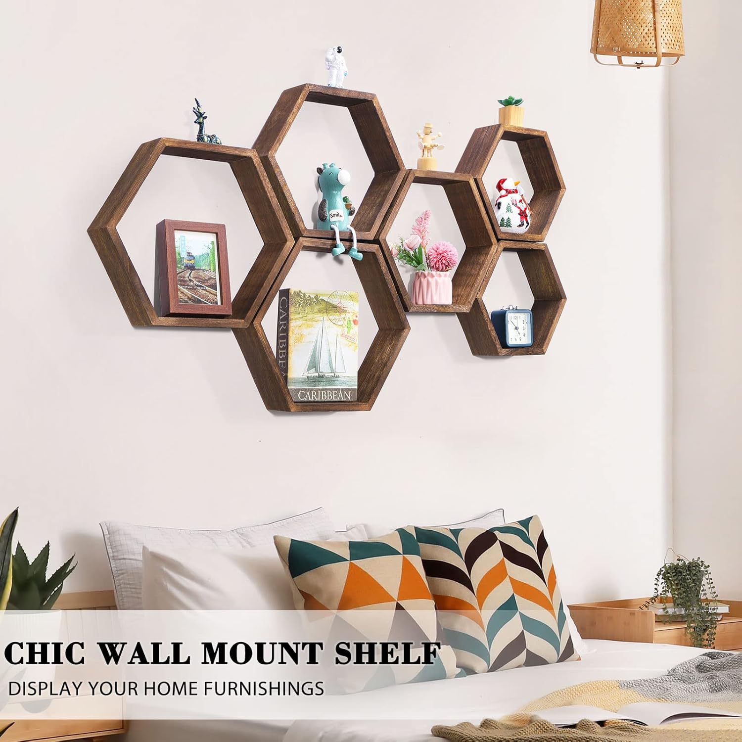 Novimango Hexagon Floating Shelves Set of 6 Rustic Brown