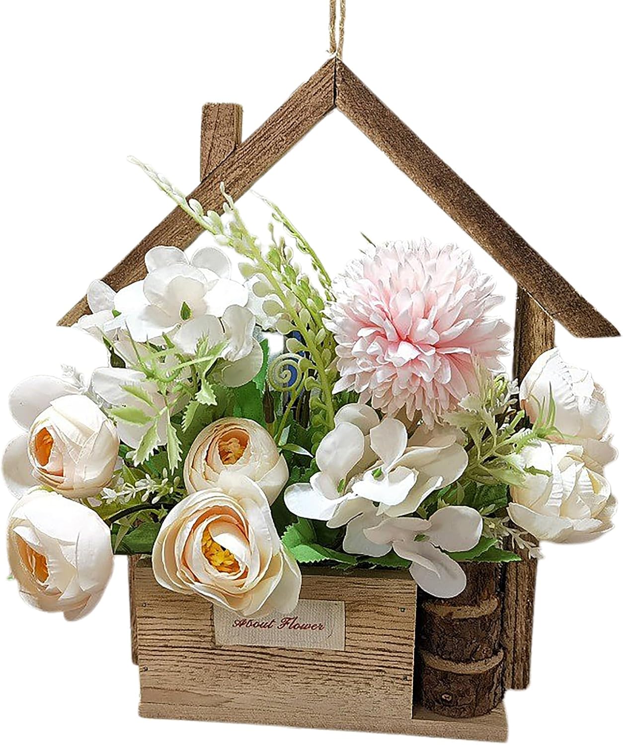 Wooden Door Wreath with Silk Flowers and Grass Rope