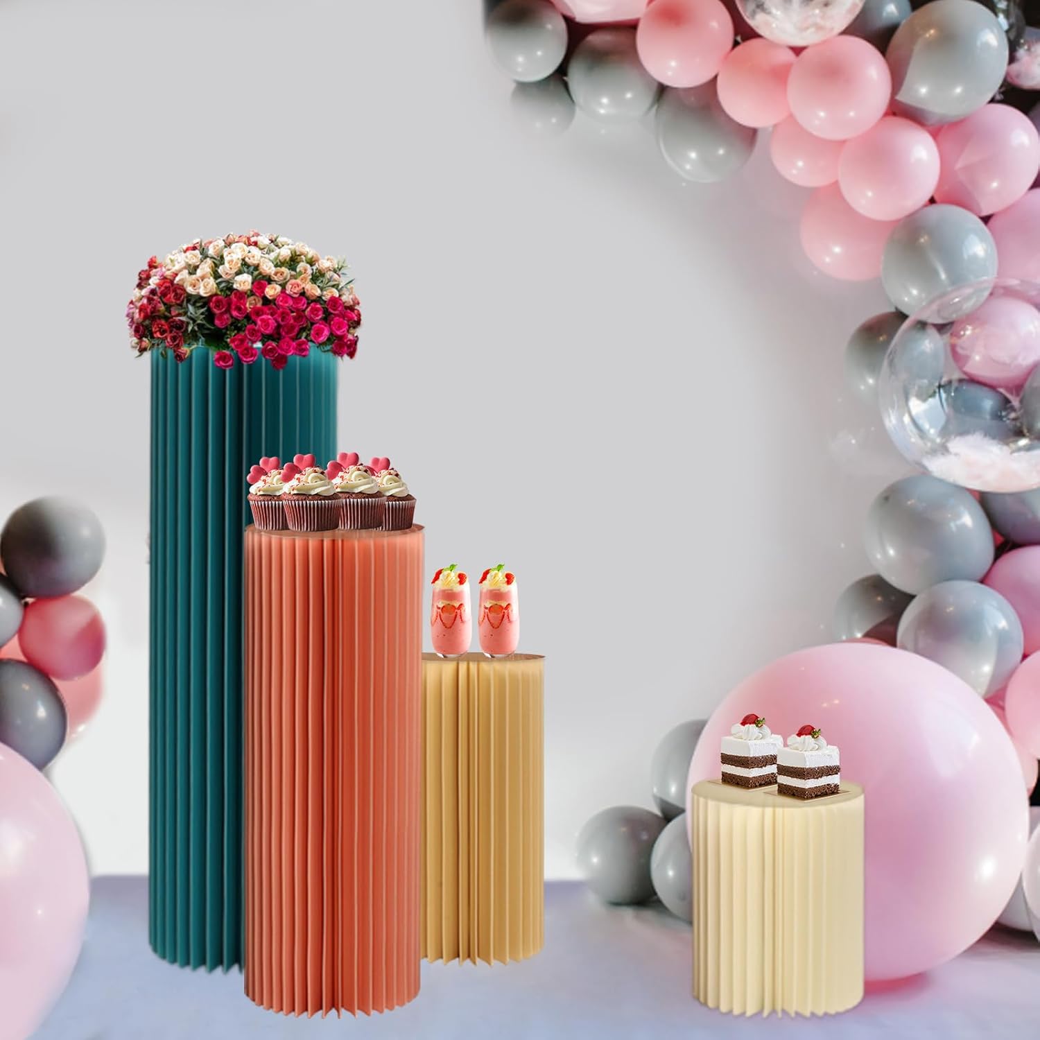 3 Pcs Foldable Accordion Cylinder Paper Display Stand for Flowers and Decor