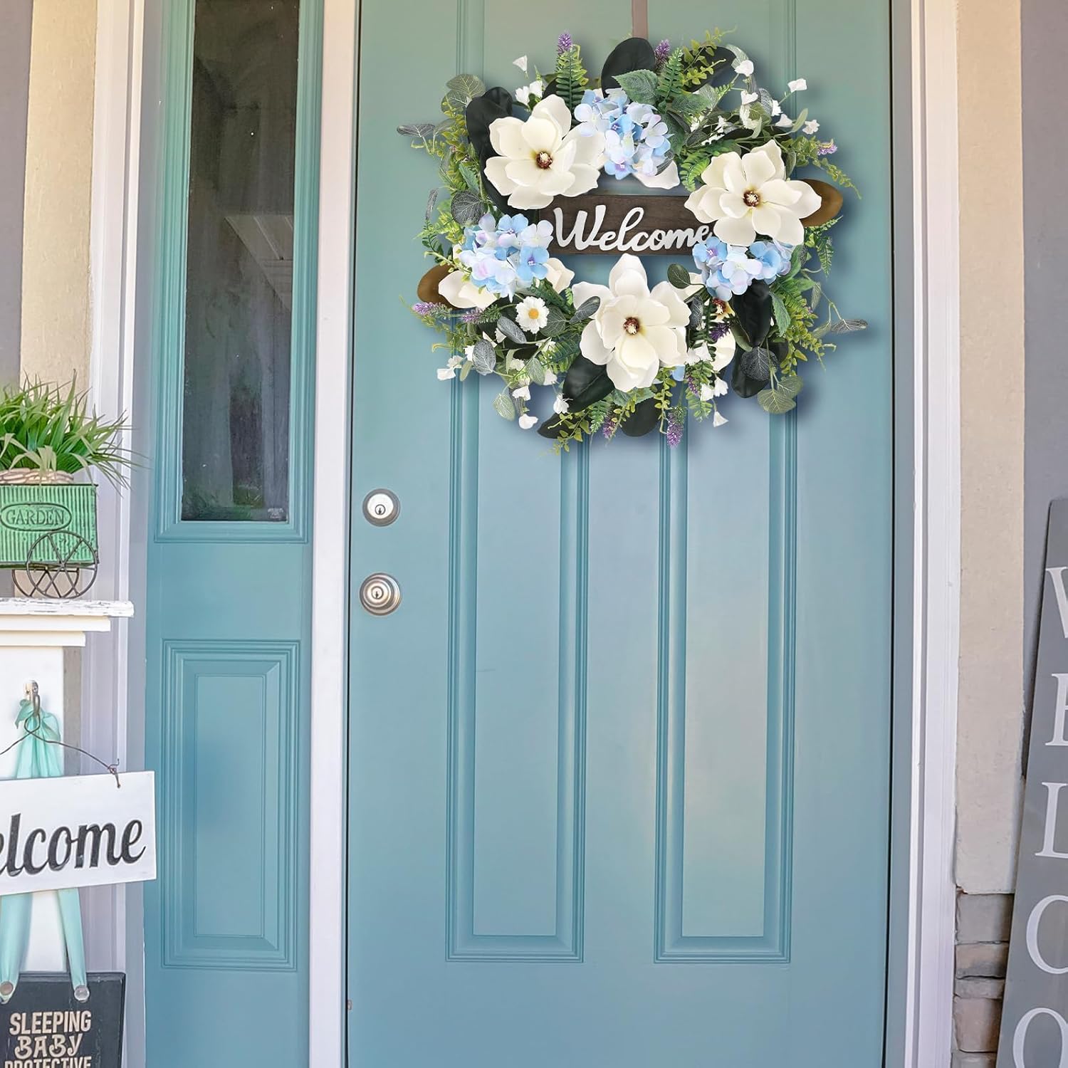 24 Inch Artificial White Magnolia Wreath for Front Door