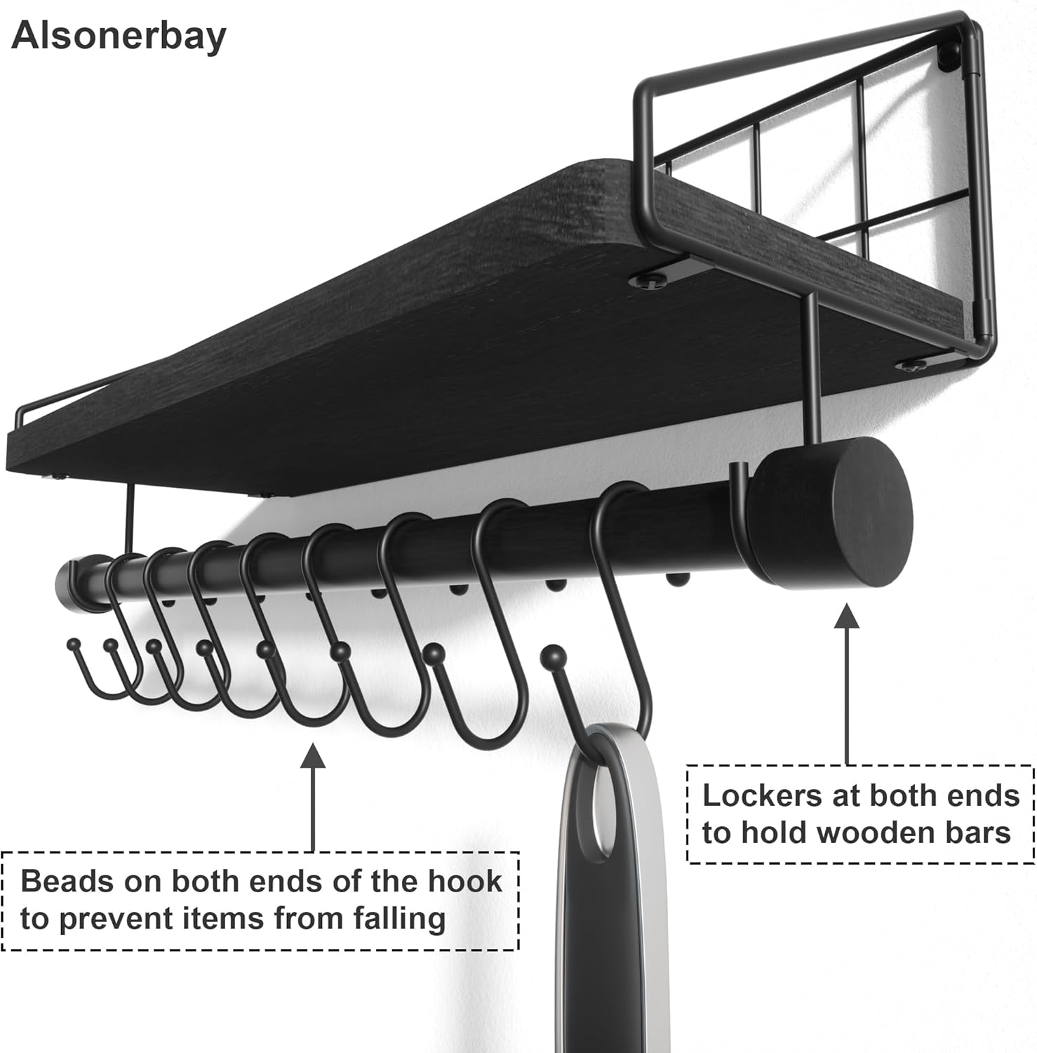 Alsonerbay Floating Wood Shelf with Hooks and Towel Bar