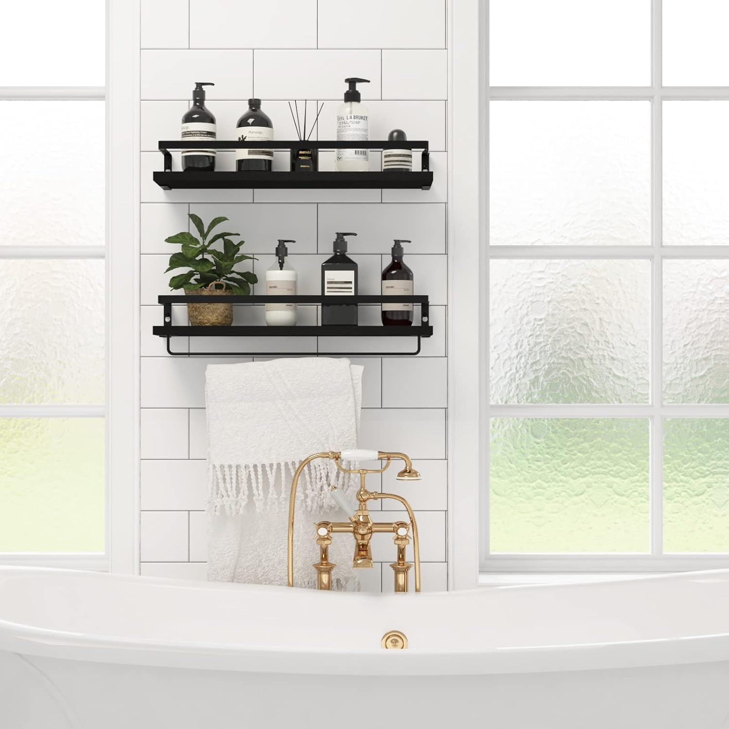 Floating Shelves for Wall Set of 2 Black with Towel Bar