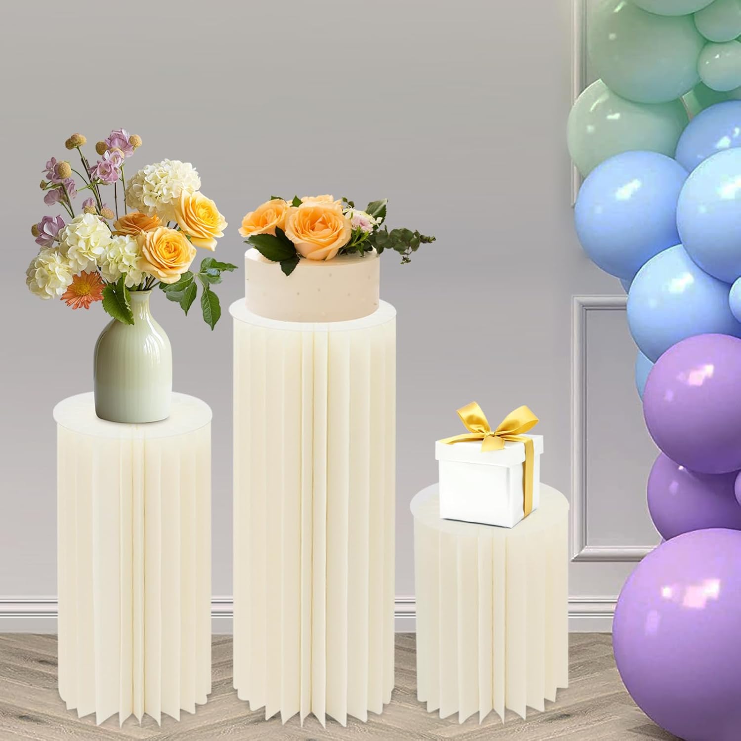 Set of 3 Foldable Cylinder Pedestal Stands for Party Decorations