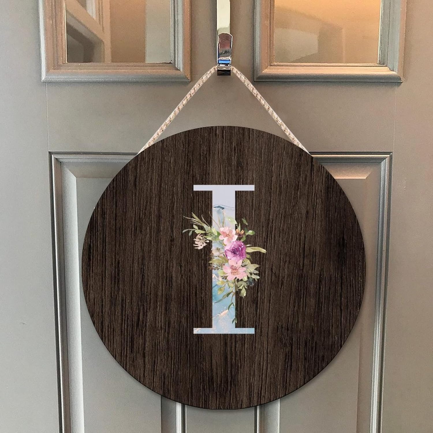 Farmhouse Door Hanger Blue Marble Floral Initial Letter I Wood Sign