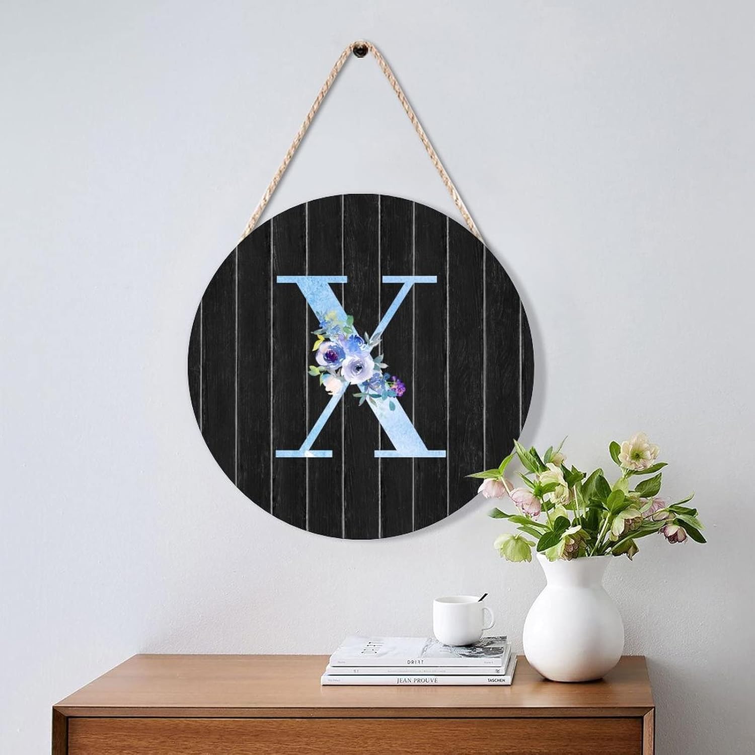 Farmhouse Front Door Hanger Watercolor Blue Floral Letter X Wood Sign