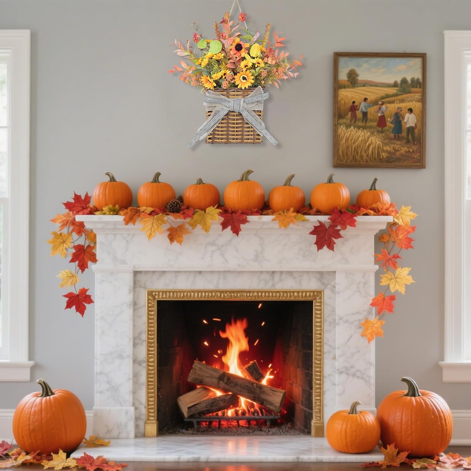 Orange Sunflower Fall Door Wreath with Leaves