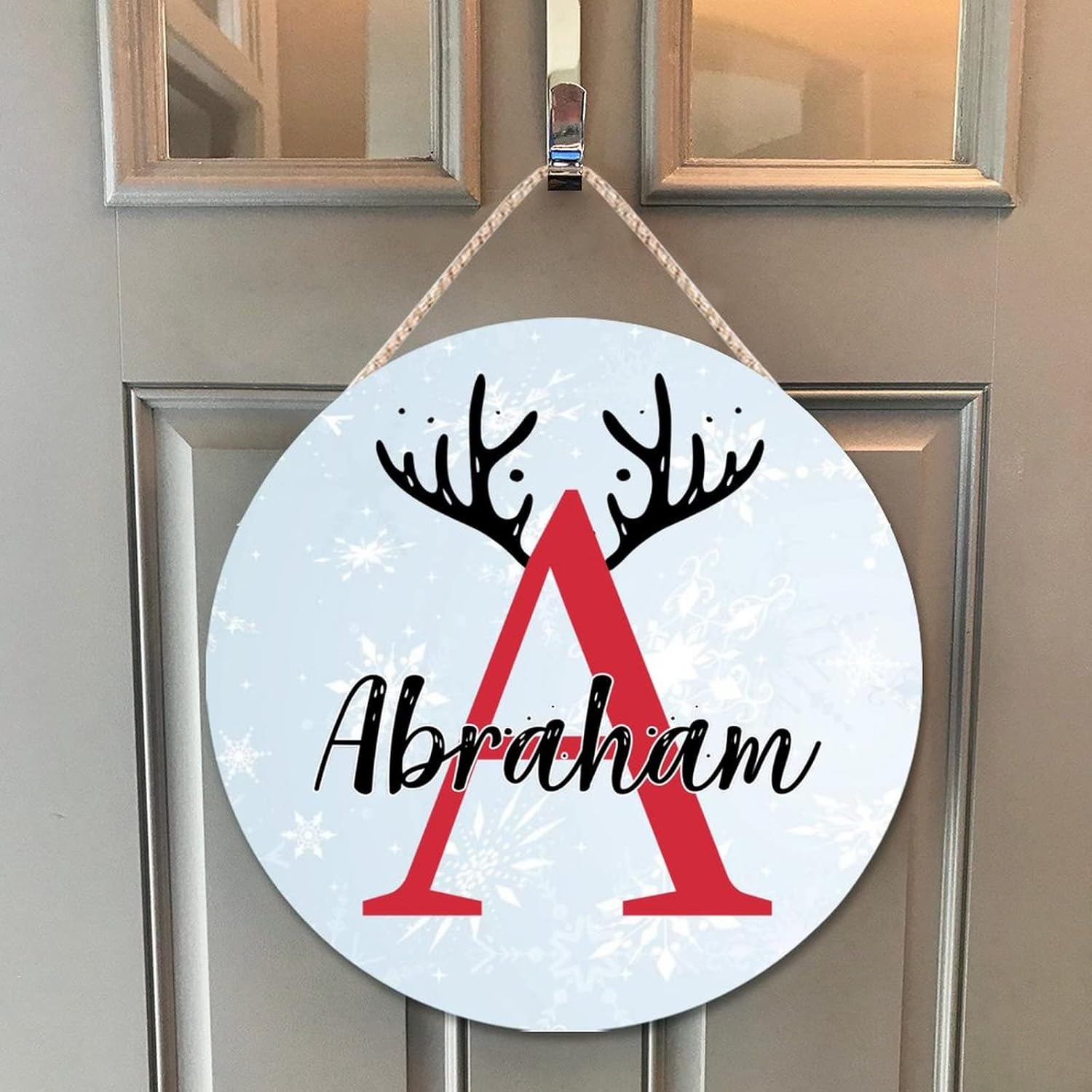 Personalized Farmhouse Door Hanger with Christmas Antlers Alphabet A Wood Sign for Kids Girls Women 10x10in