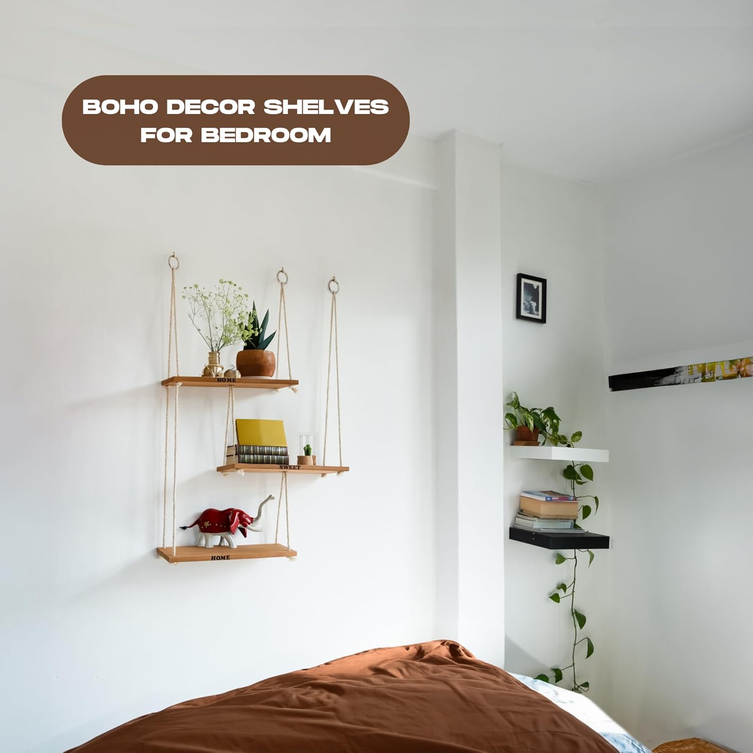 Boho Wall Shelves for Plants - 3 Tier Hanging Shelves