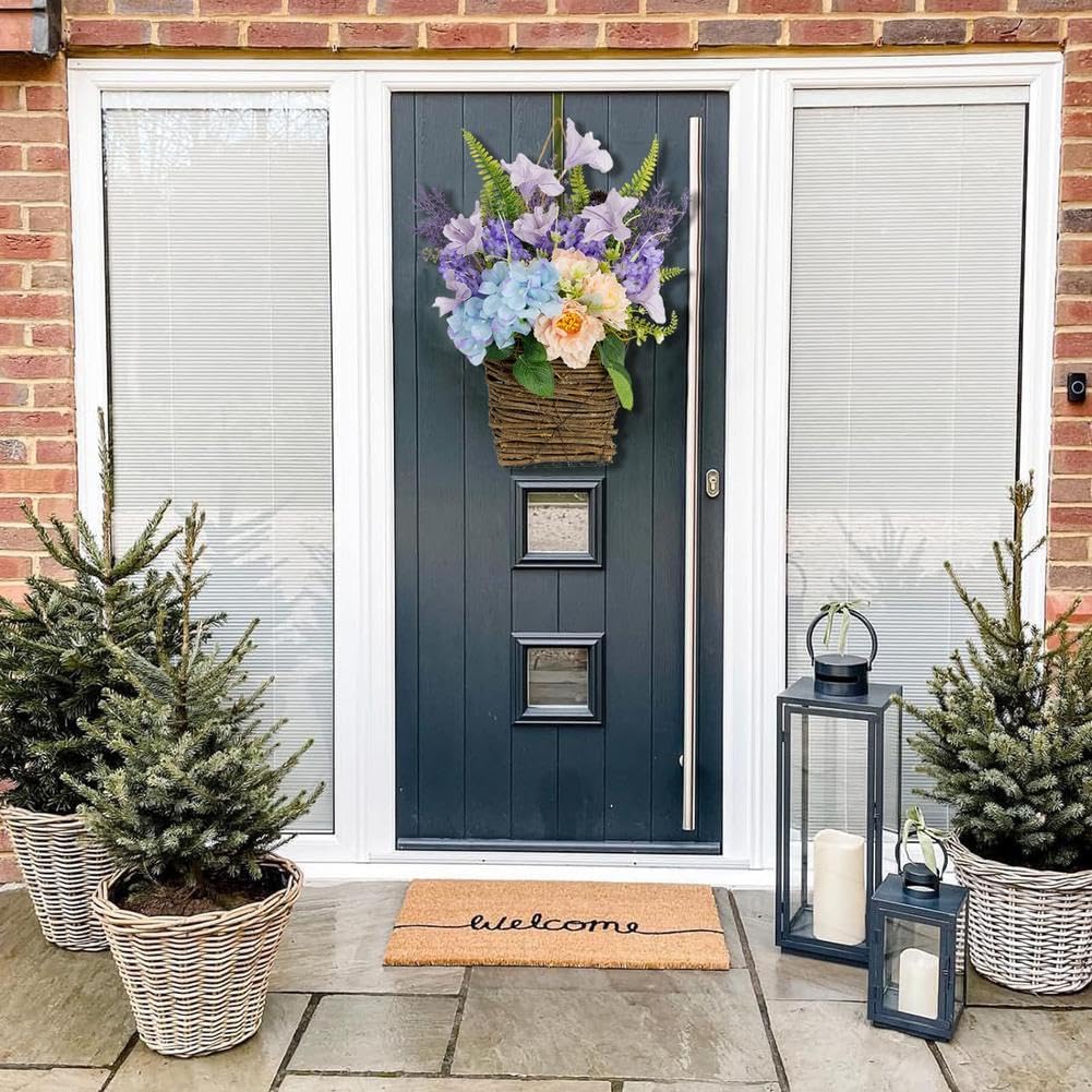 Lush Hydrangea Door Wreath with Rattan Basket