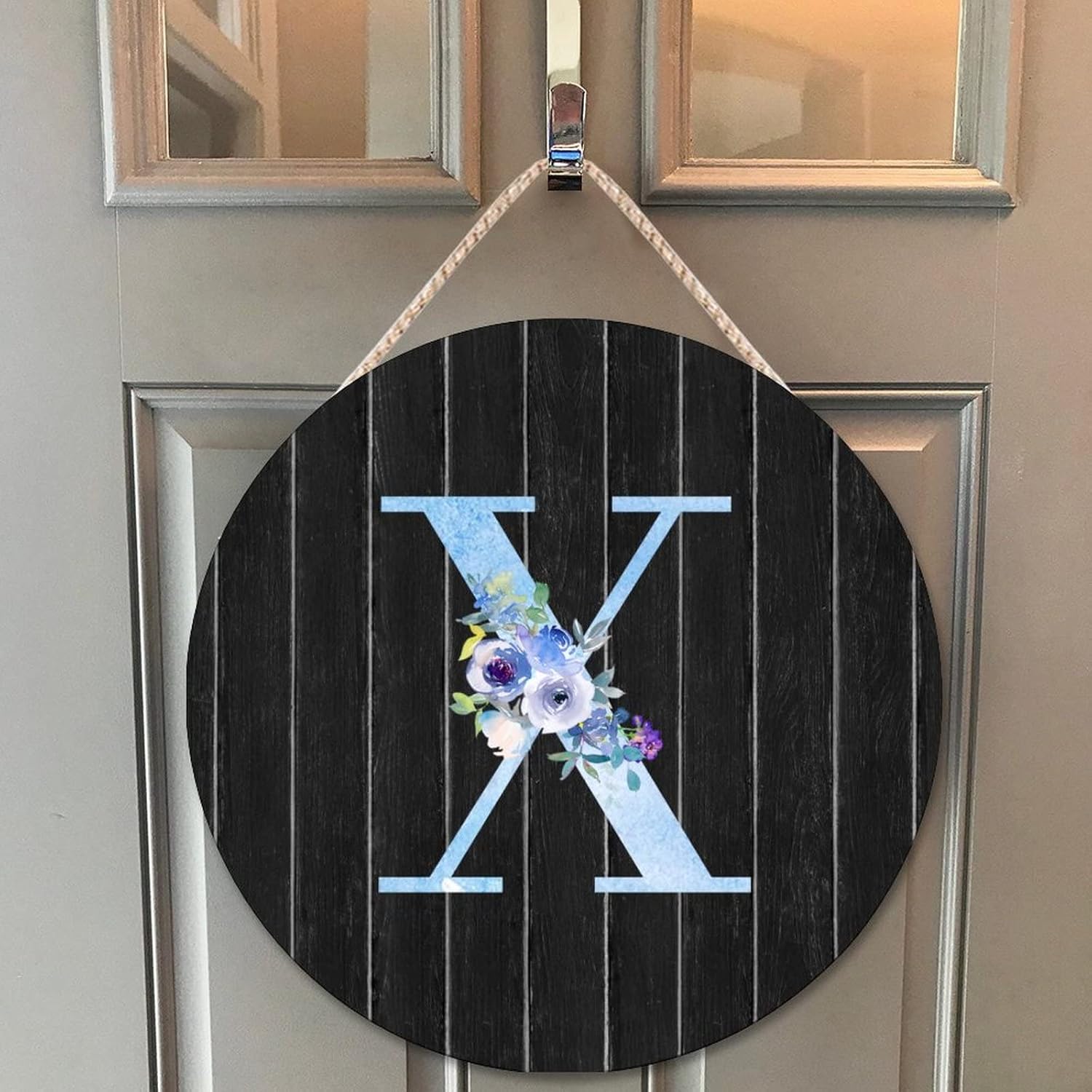Farmhouse Front Door Hanger Watercolor Blue Floral Letter X Wood Sign