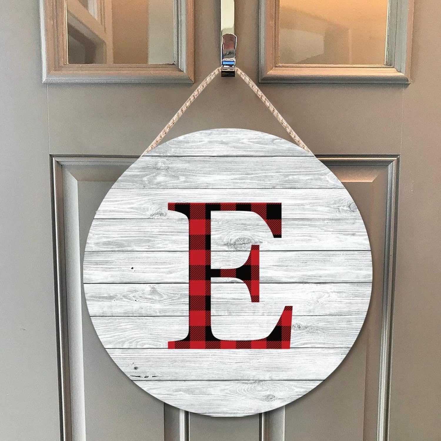 Farmhouse Door Hanger Red Black Buffalo Plaid Alphabet E Wood Sign 10x10in