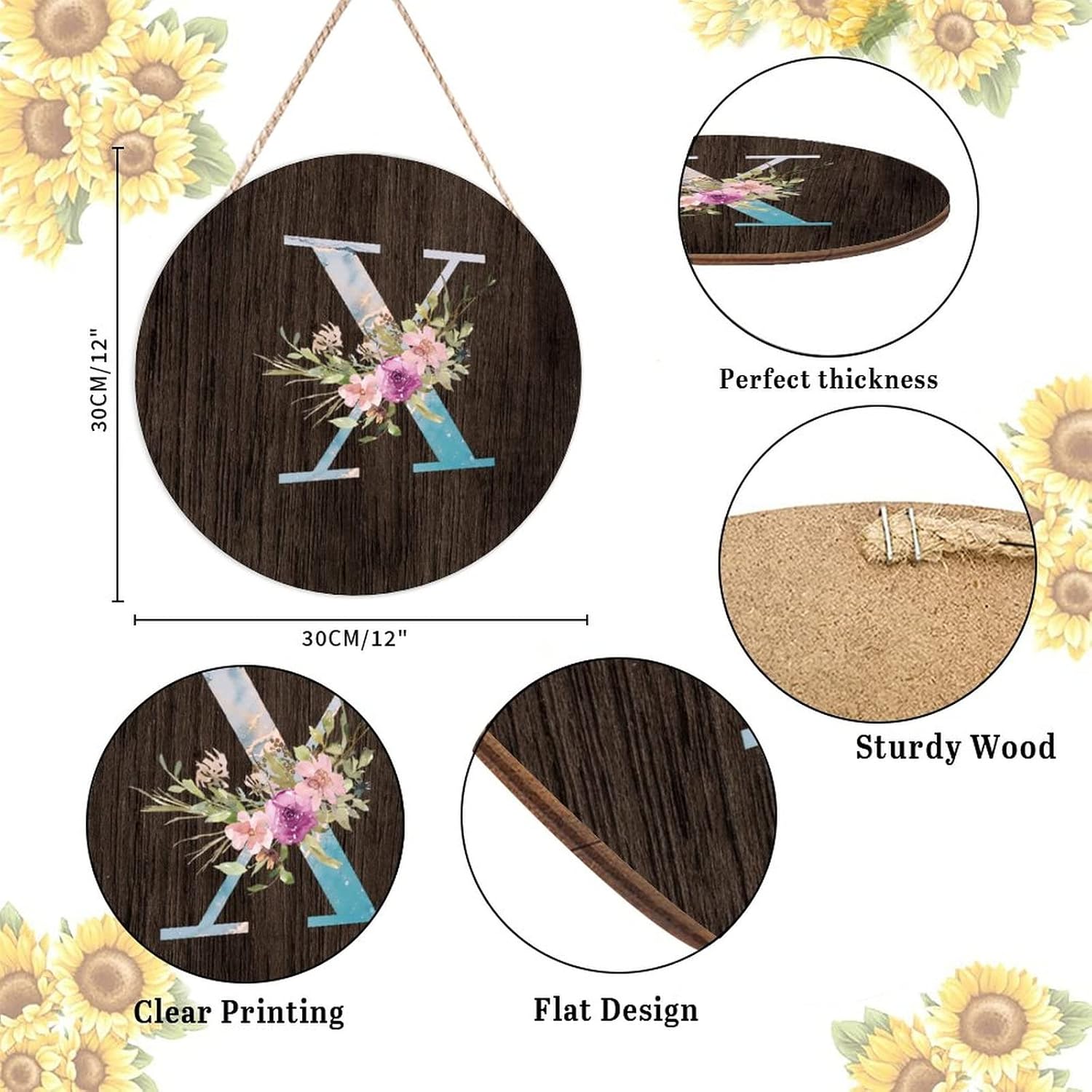 Farmhouse Front Door Hanger Blue Marble Floral Initial Letter X Wood Sign