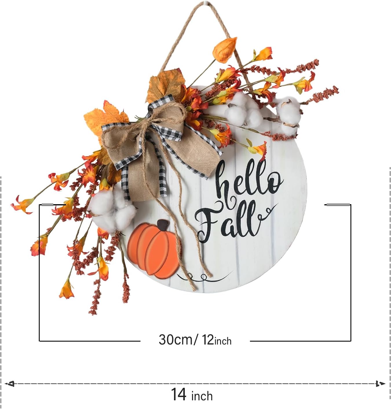 Fall Wreath Wooden Hanging Sign with Burlap Bow and Maple Leaves