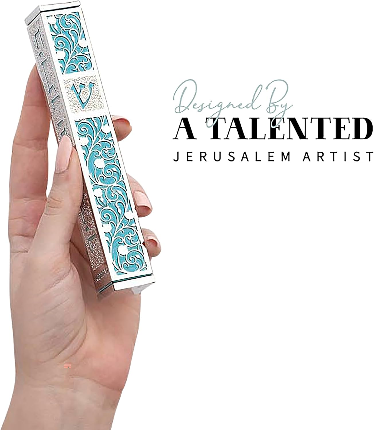 SURI Mezuzah Door Ornament - Modern Silver Blue Scroll Case