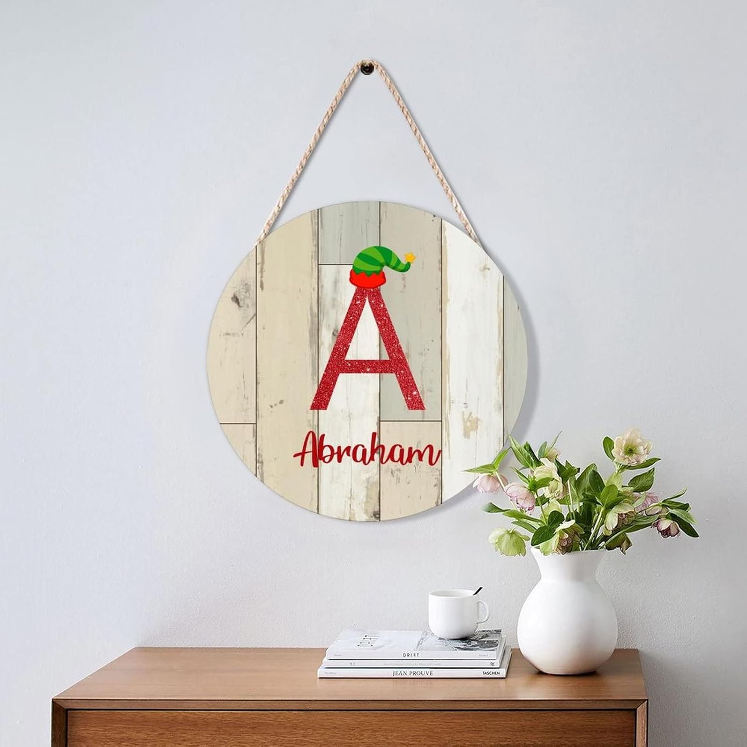 Farmhouse Door Hanger with Christmas Elf Hat Initial Wood Sign