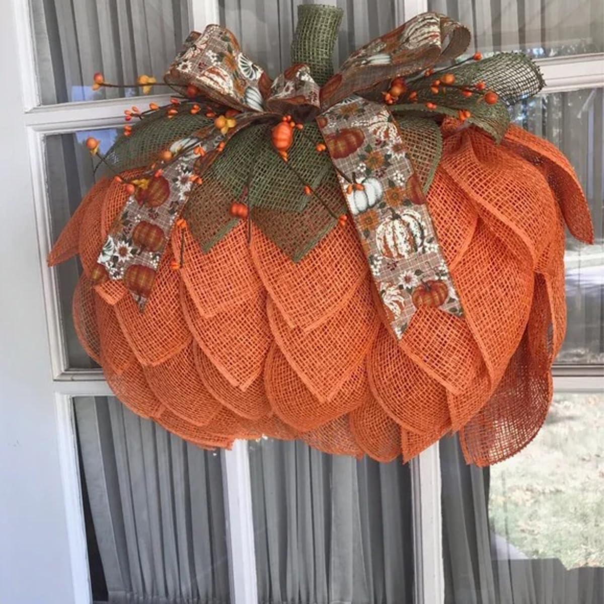 Autumn Burlap Pumpkin Wreath - Farmhouse Fall Decor with Berry Accents