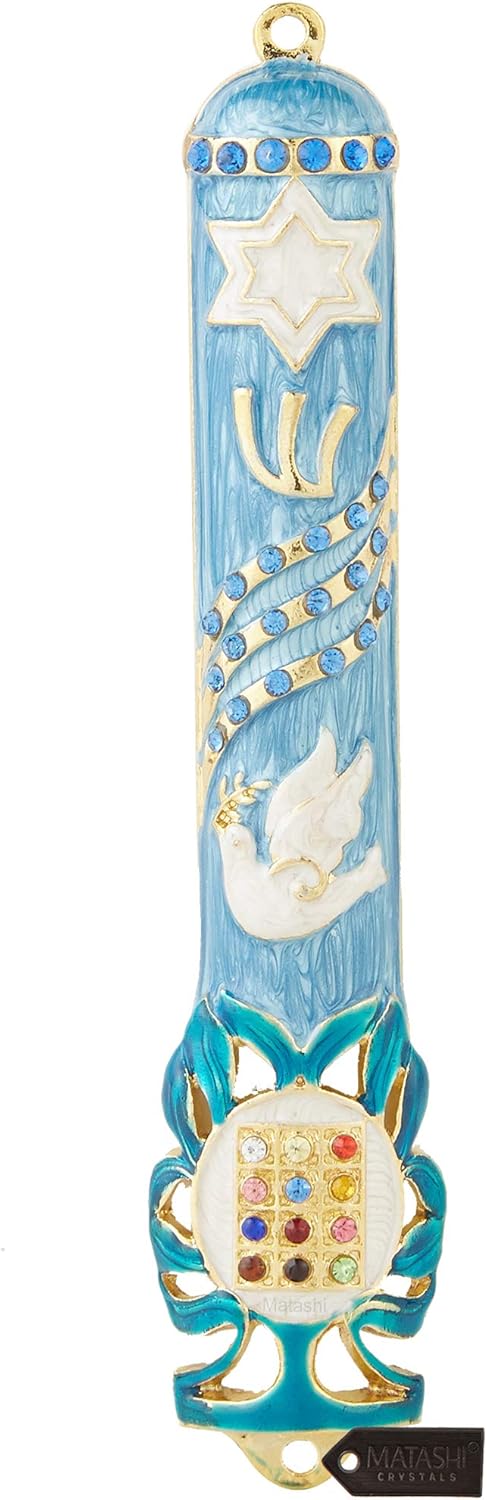 Matashi Blue Dove Mezuzah with Gold Accents and Crystals Door Decor