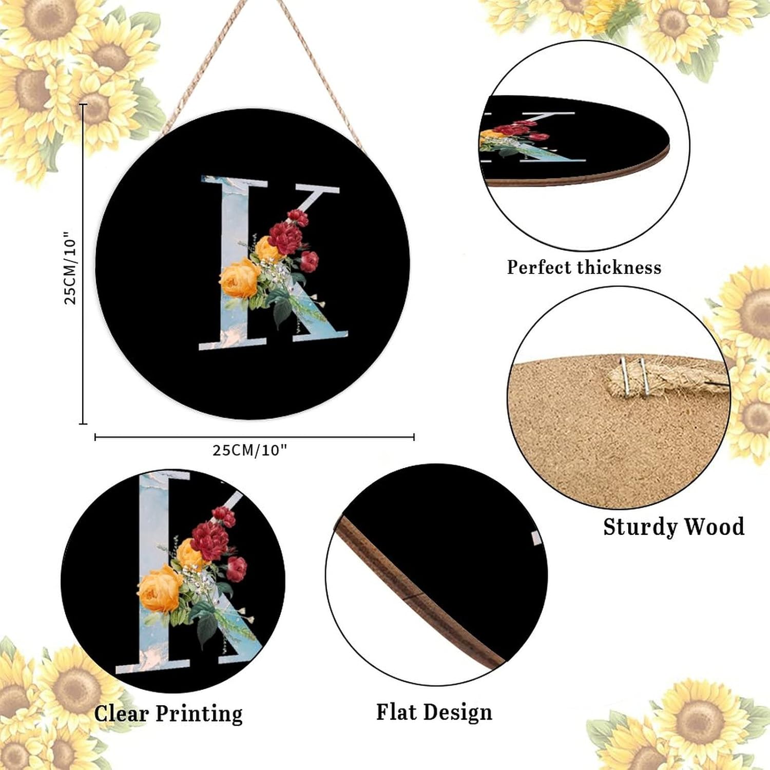 Farmhouse Front Door Hanger Flower Bouquet Custom Initial Letter K Wood Sign 10x10in