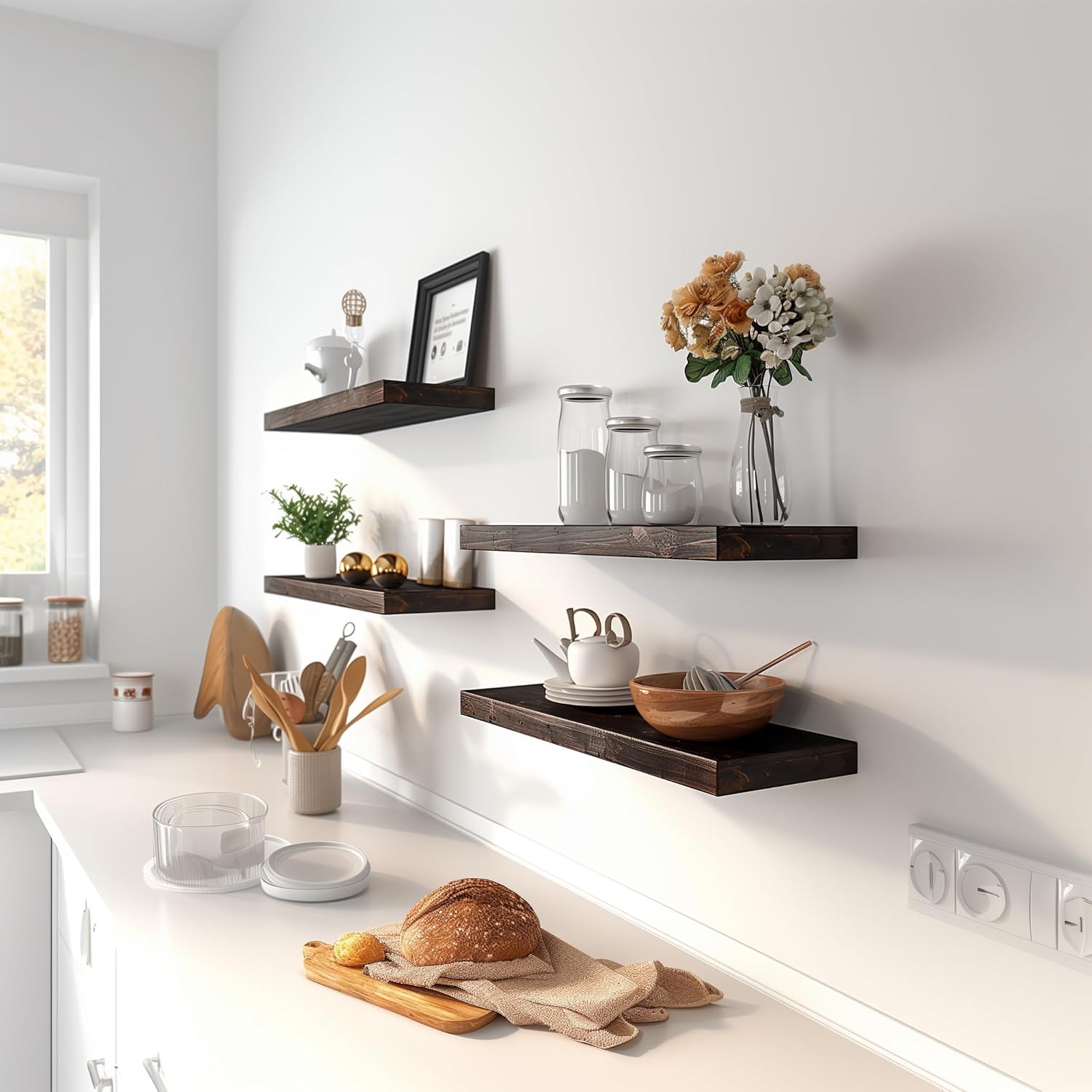 Brown Wood Floating Shelves Set of 6 for Rustic Bedroom Living Room