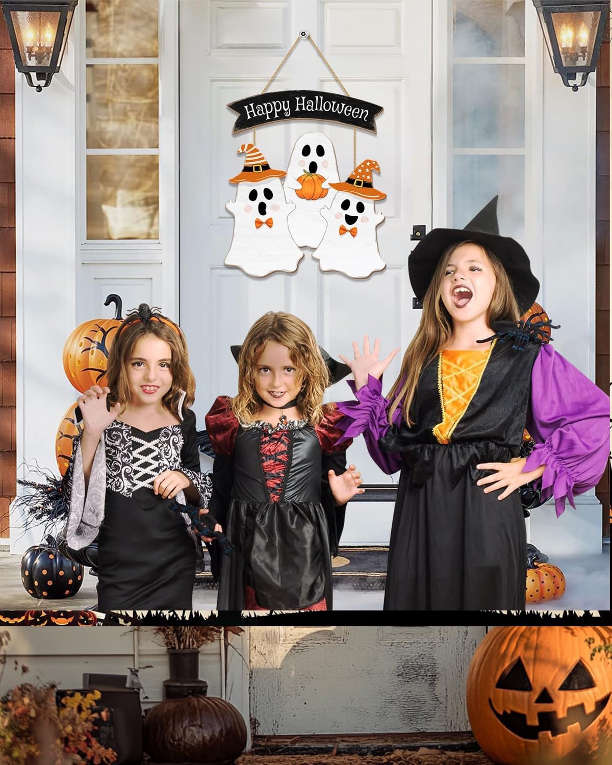 Wooden Halloween Wreath - Ghost Door Decor Hanging Sign for Home Wall Decor Party Supplies