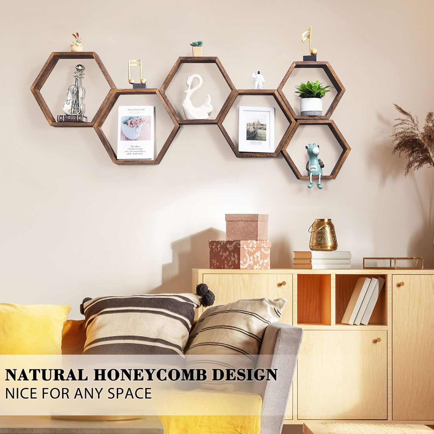 Novimango Hexagon Floating Shelves Set of 6 Rustic Brown