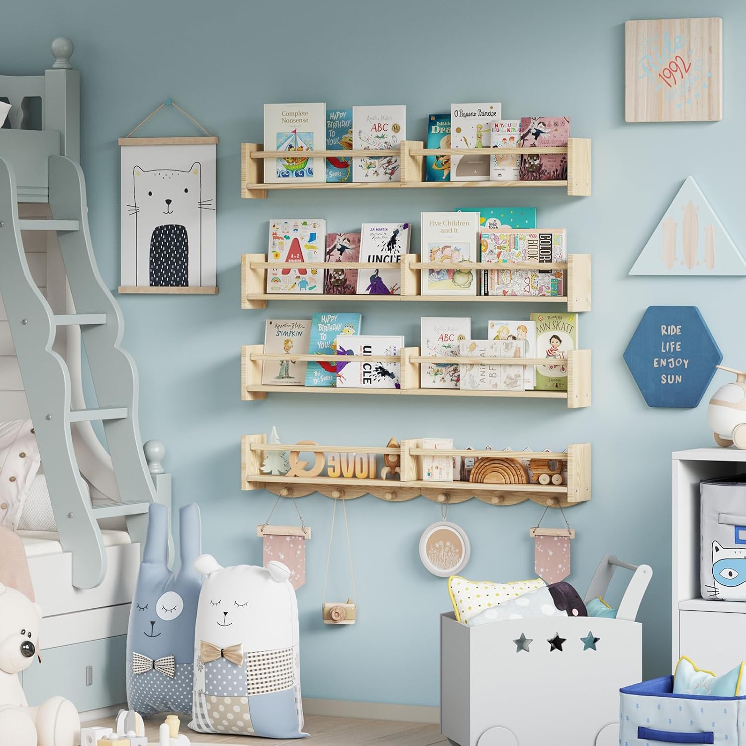 34 Inch Floating Bookshelf with 6 Hooks and Storage