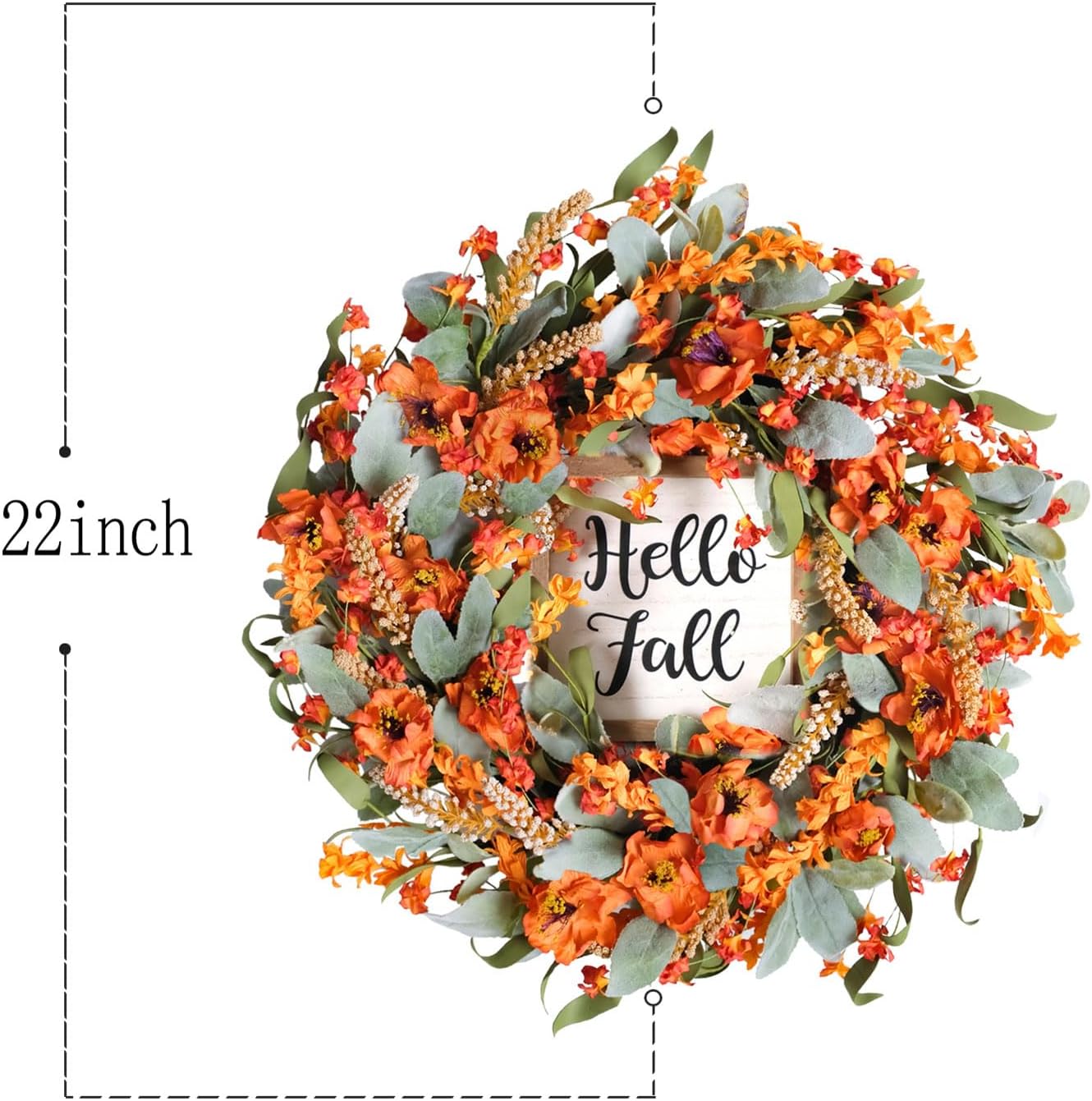 Bibelot Fall Wreaths 22 Inch Lambs Ears Leaves Yellow Flowers Hello Fall Sign Front Door Porch Farmhouse Decor
