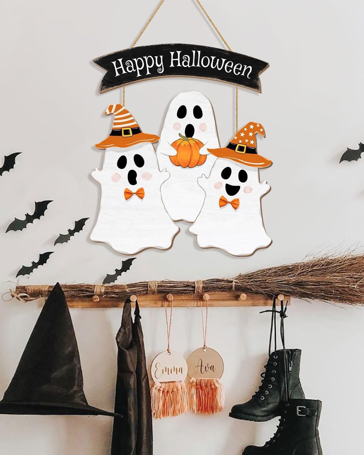 Wooden Halloween Wreath - Ghost Door Decor Hanging Sign for Home Wall Decor Party Supplies