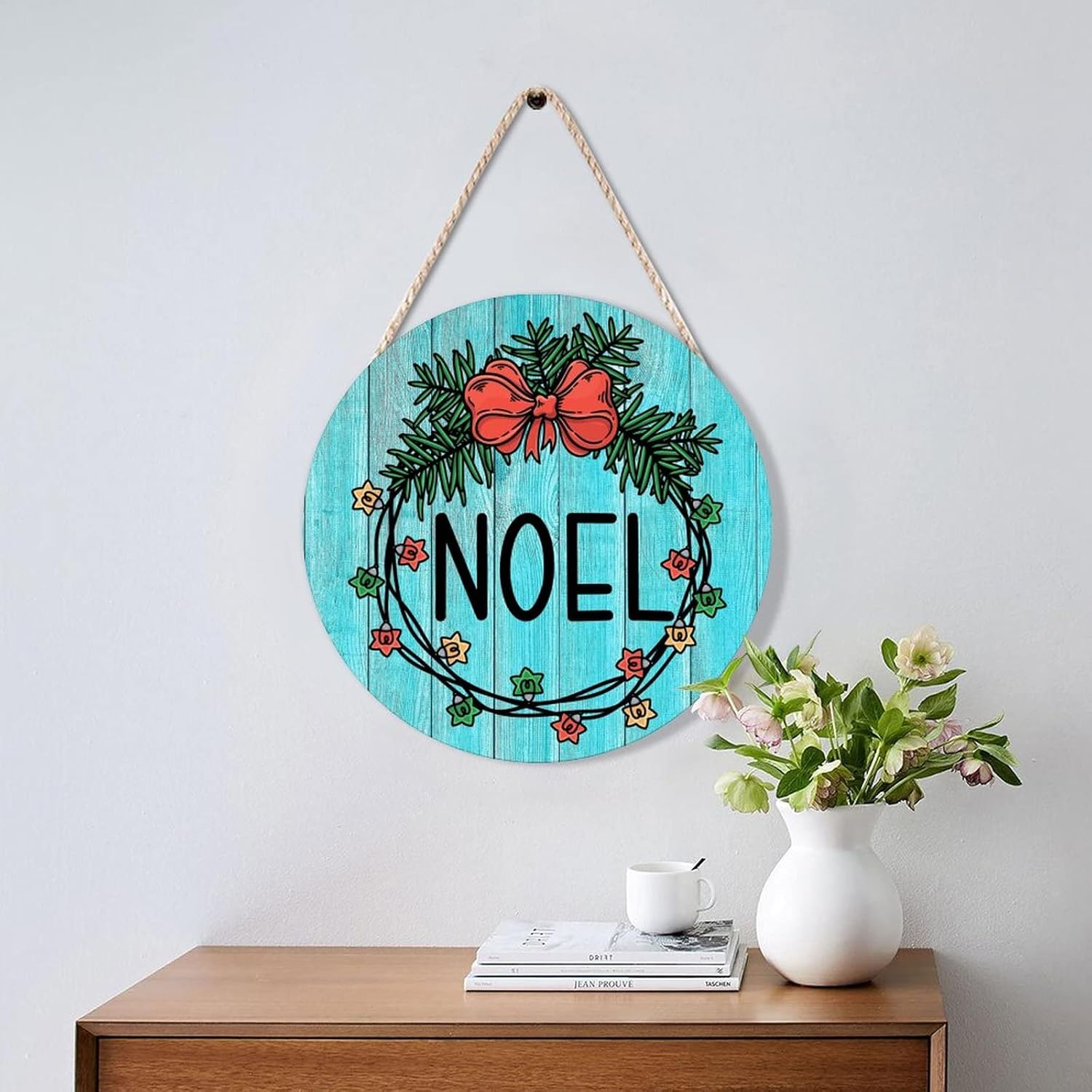 Noel Holly Christmas Wreath Wood Door Hanger