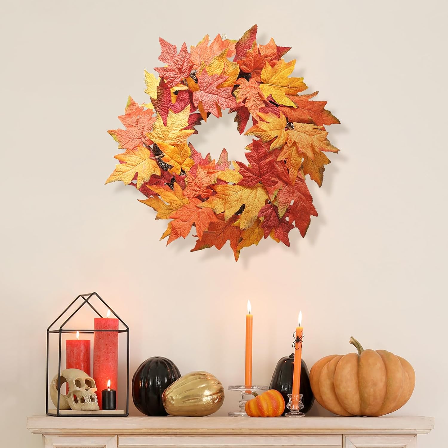 Artificial Fall Wreath for Front Door - 18 Inch Maple Leaf Autumn Decor