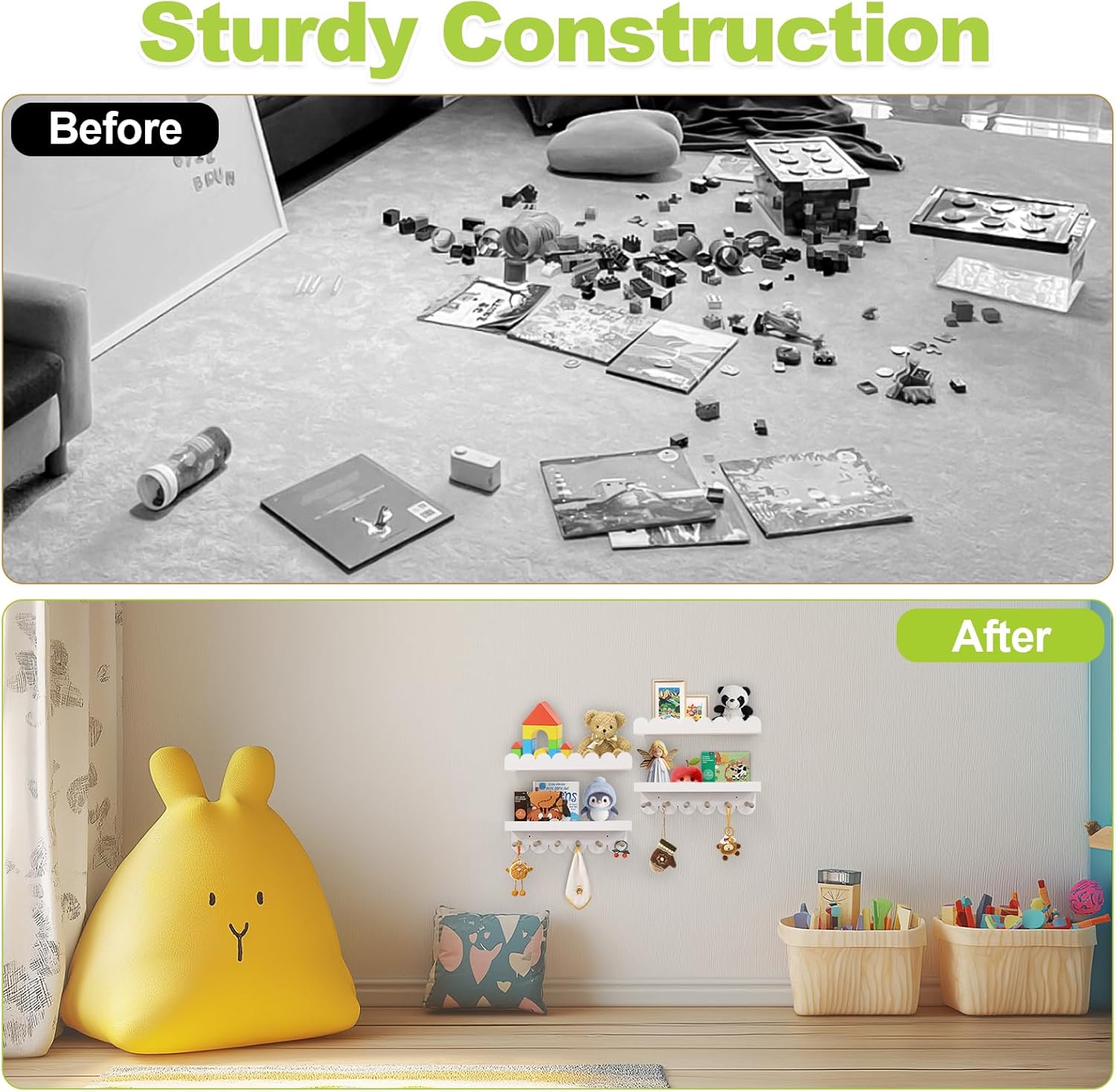 Varbonia Floating Nursery Book Shelves for Wall 4 Tier Storage with Wooden Pegs