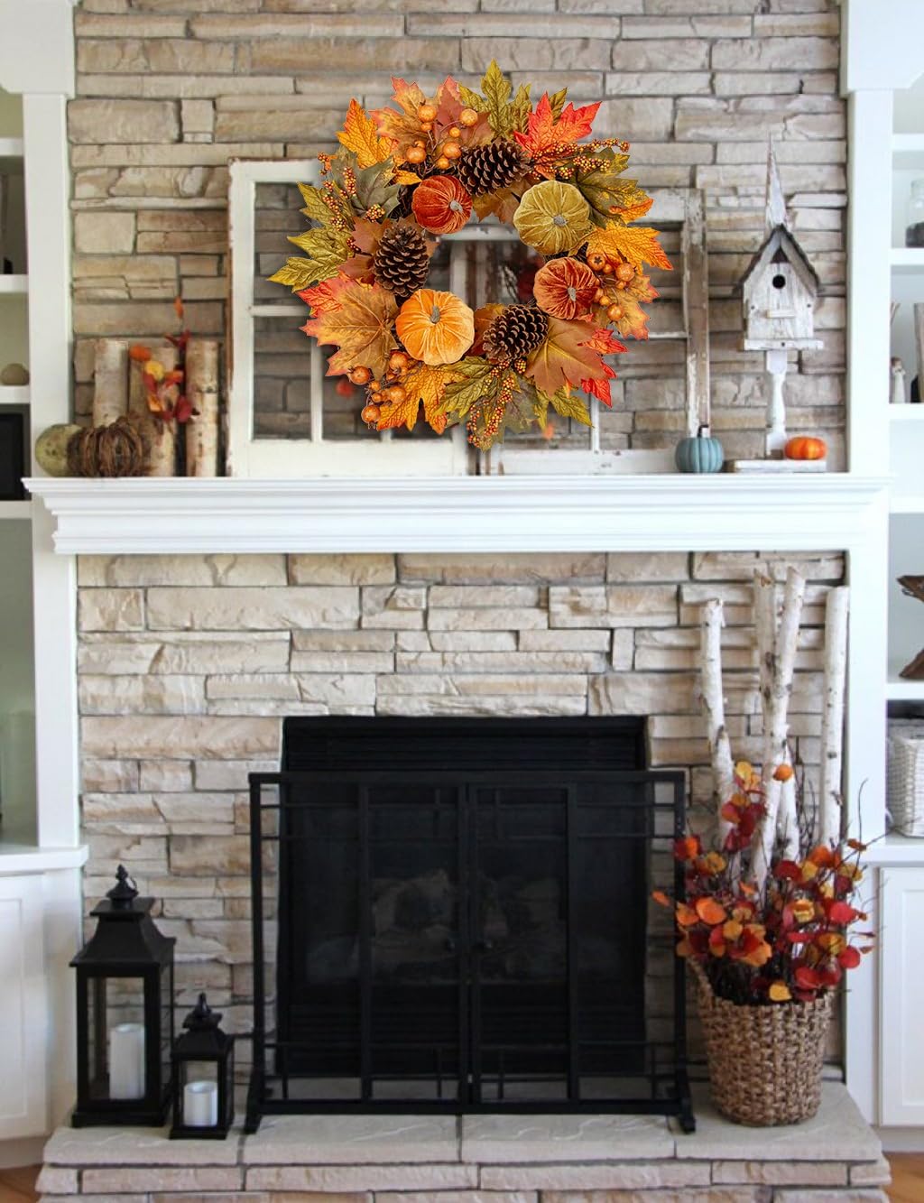 Gorgeous Fall Wreath with Velvet Pumpkins and Metal Hook