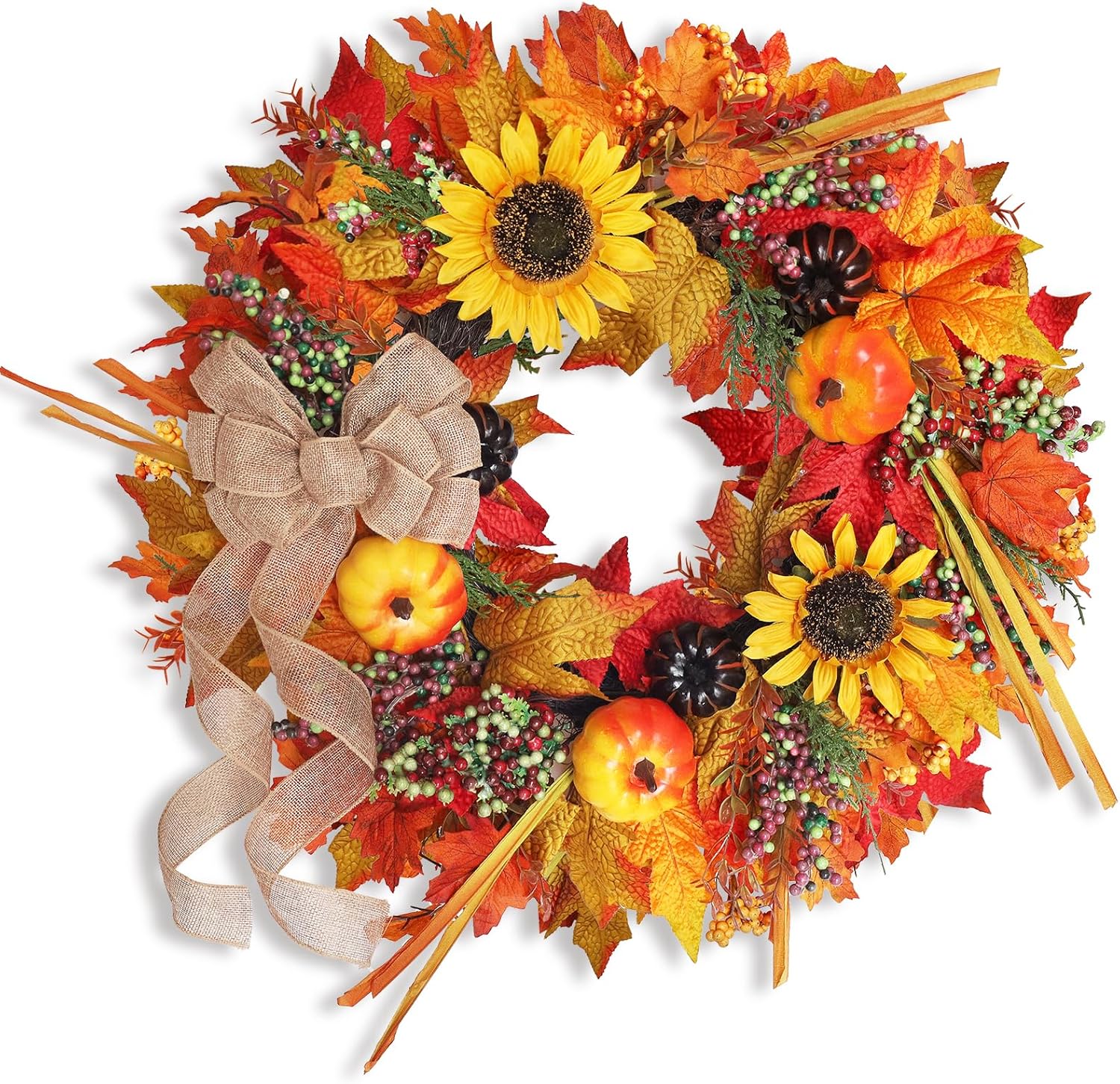 20 Inch Autumn Wreath with Pumpkins and Sunflowers